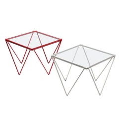 Pair of Side Tables in Red and White Metal with Glass