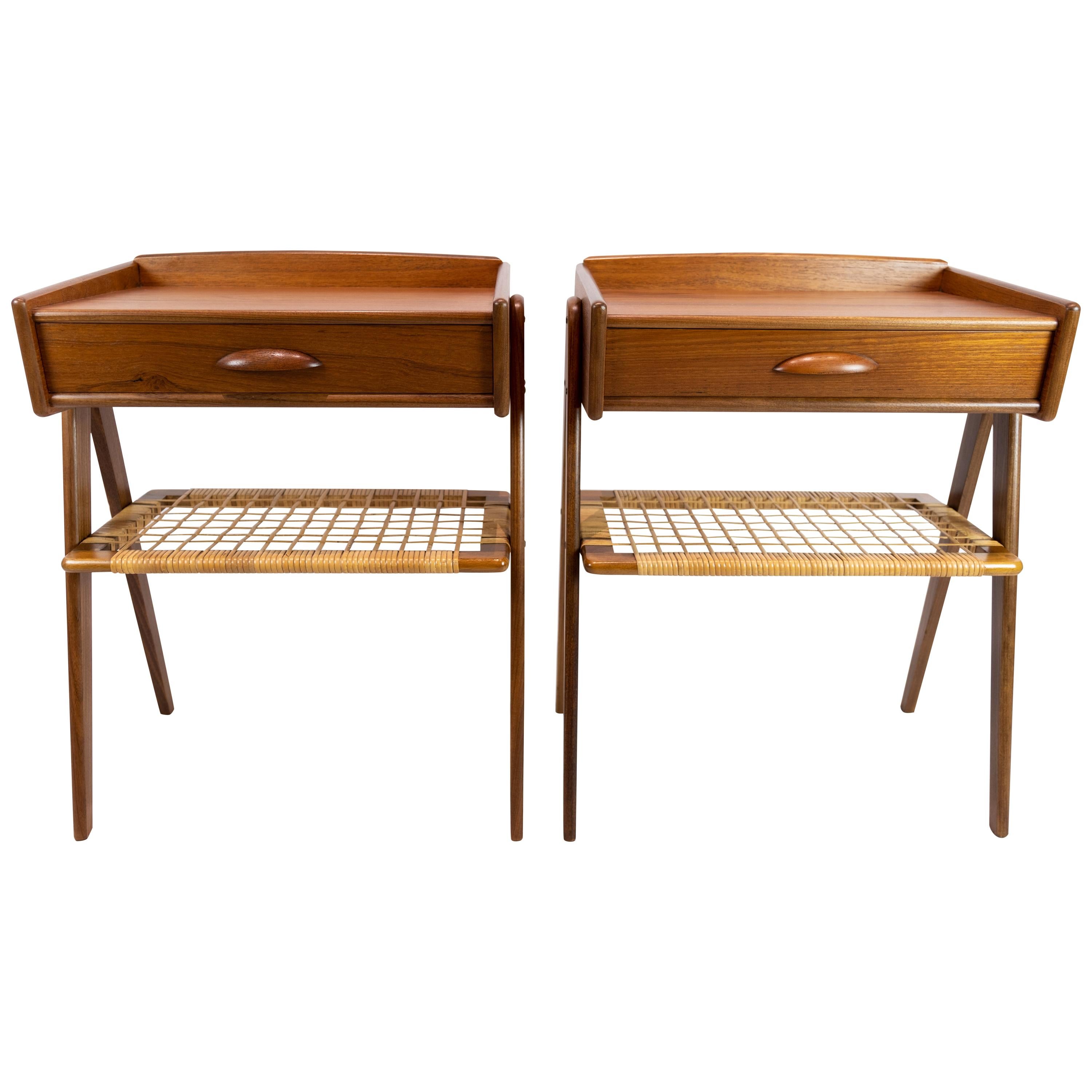 Pair of Side Tables in Teak with Paper Cord Shelf of Danish Design, 1960s
