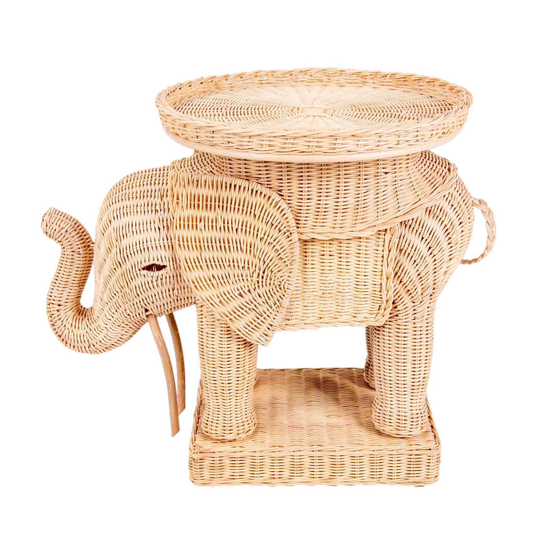 Contemporary Pair of Side Tables in the Shape of Wicker Elephants For Sale