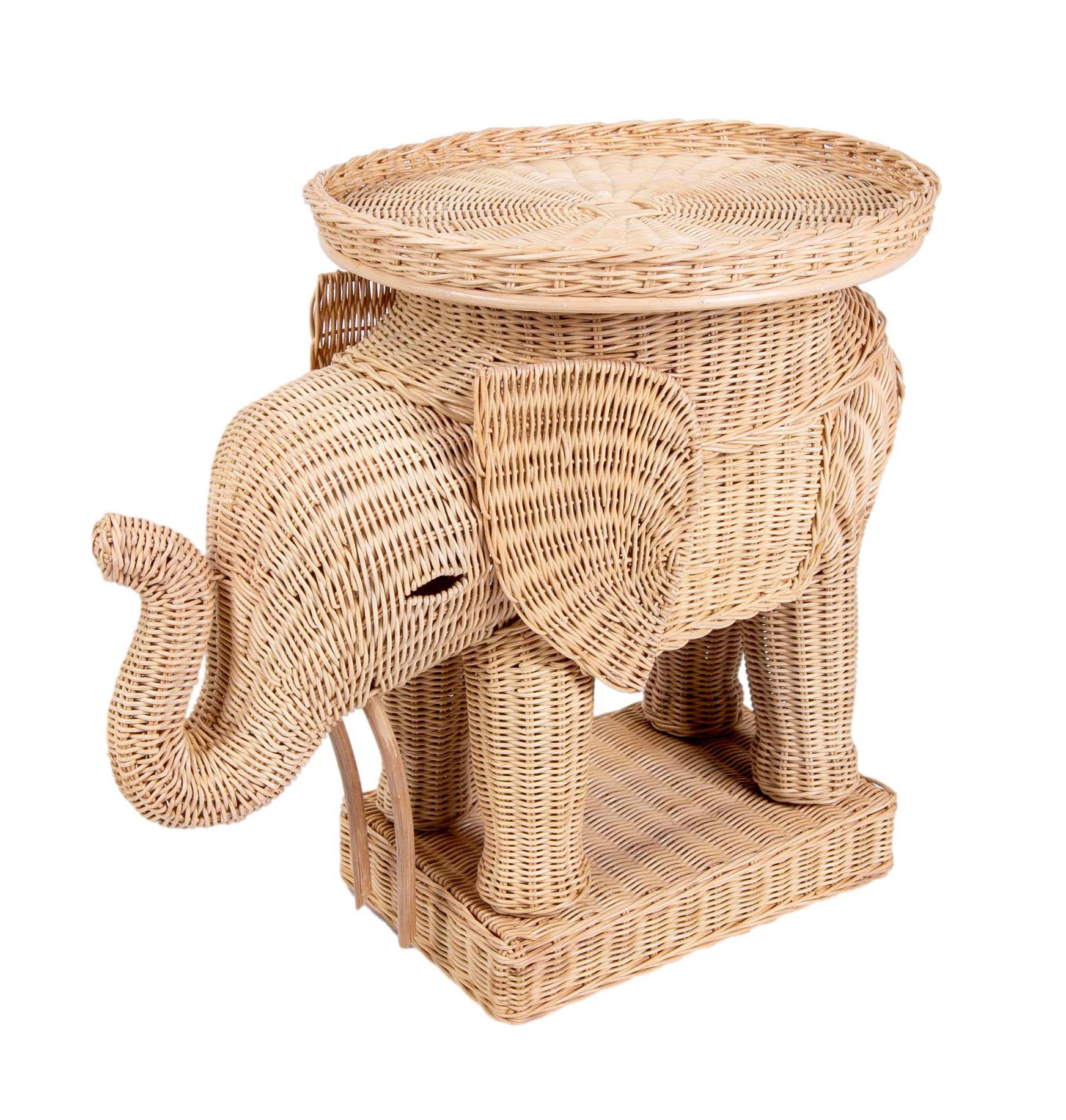 Contemporary Pair of Side Tables in the Shape of Wicker Elephants