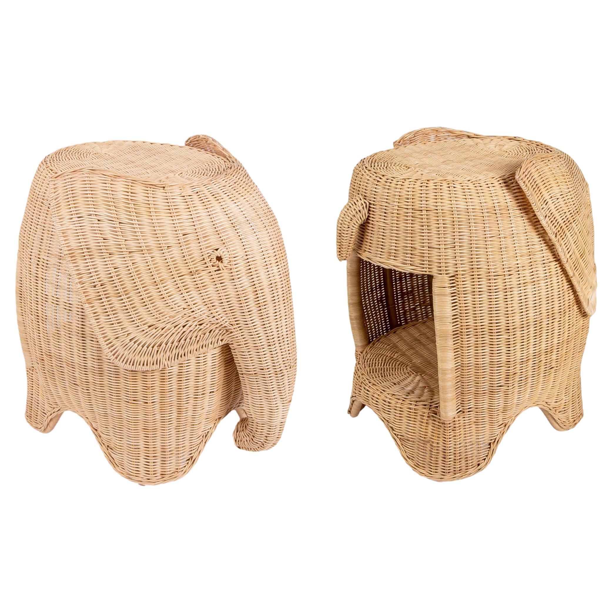 Pair of Side Tables in the Shape of Wicker Elephants