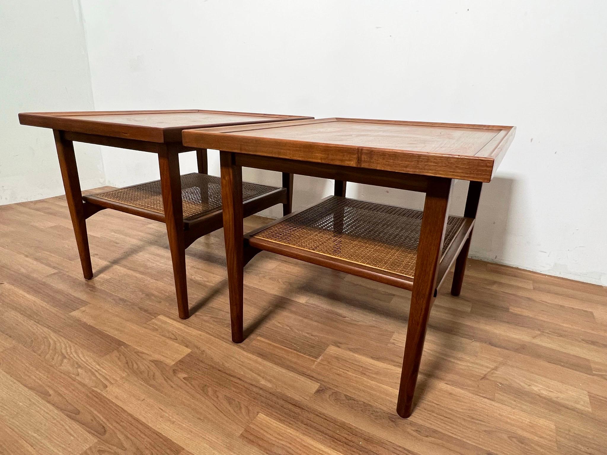 American Pair of Side Tables in Walnut with Cane Undershelves by Kipp Stewart for Drexel