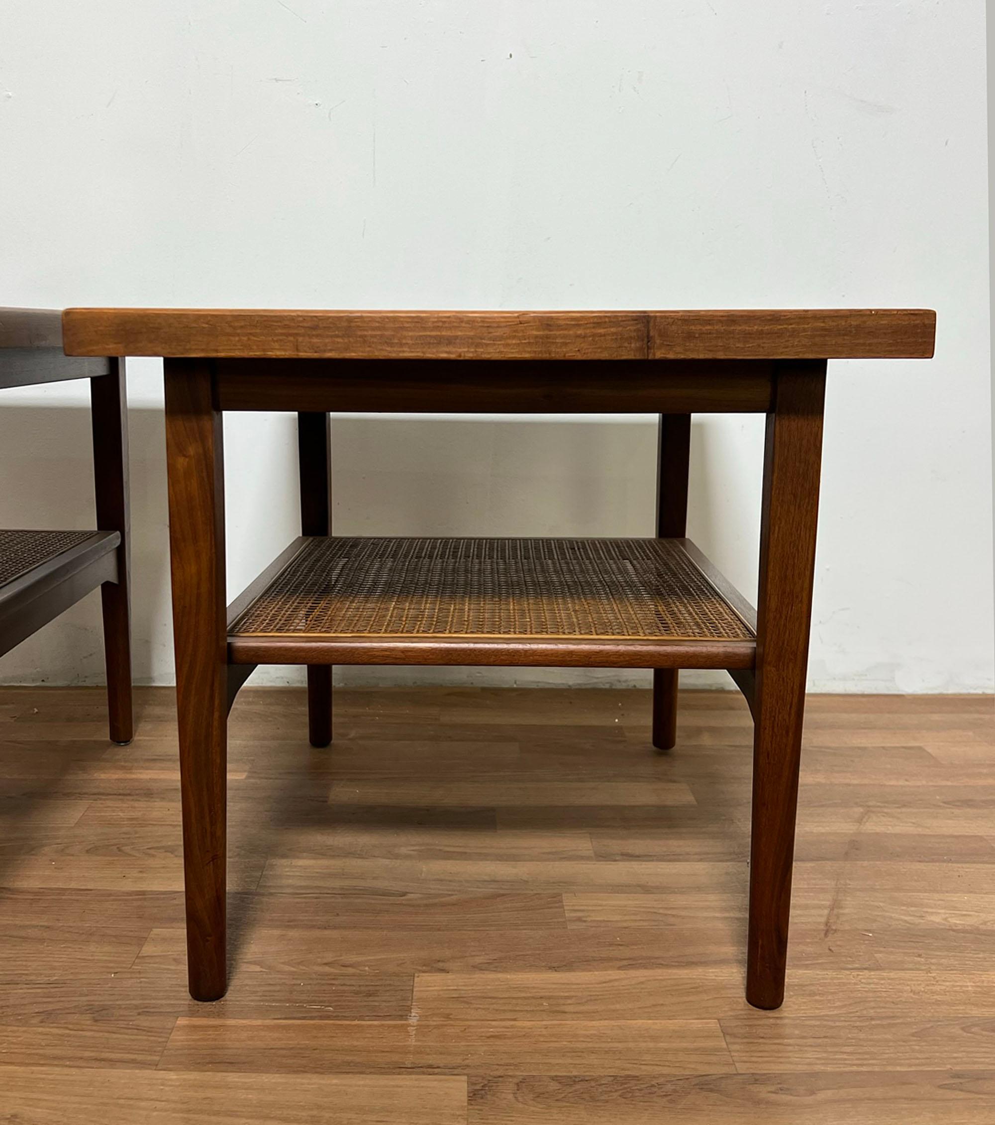 Pair of Side Tables in Walnut with Cane Undershelves by Kipp Stewart for Drexel In Good Condition In Peabody, MA