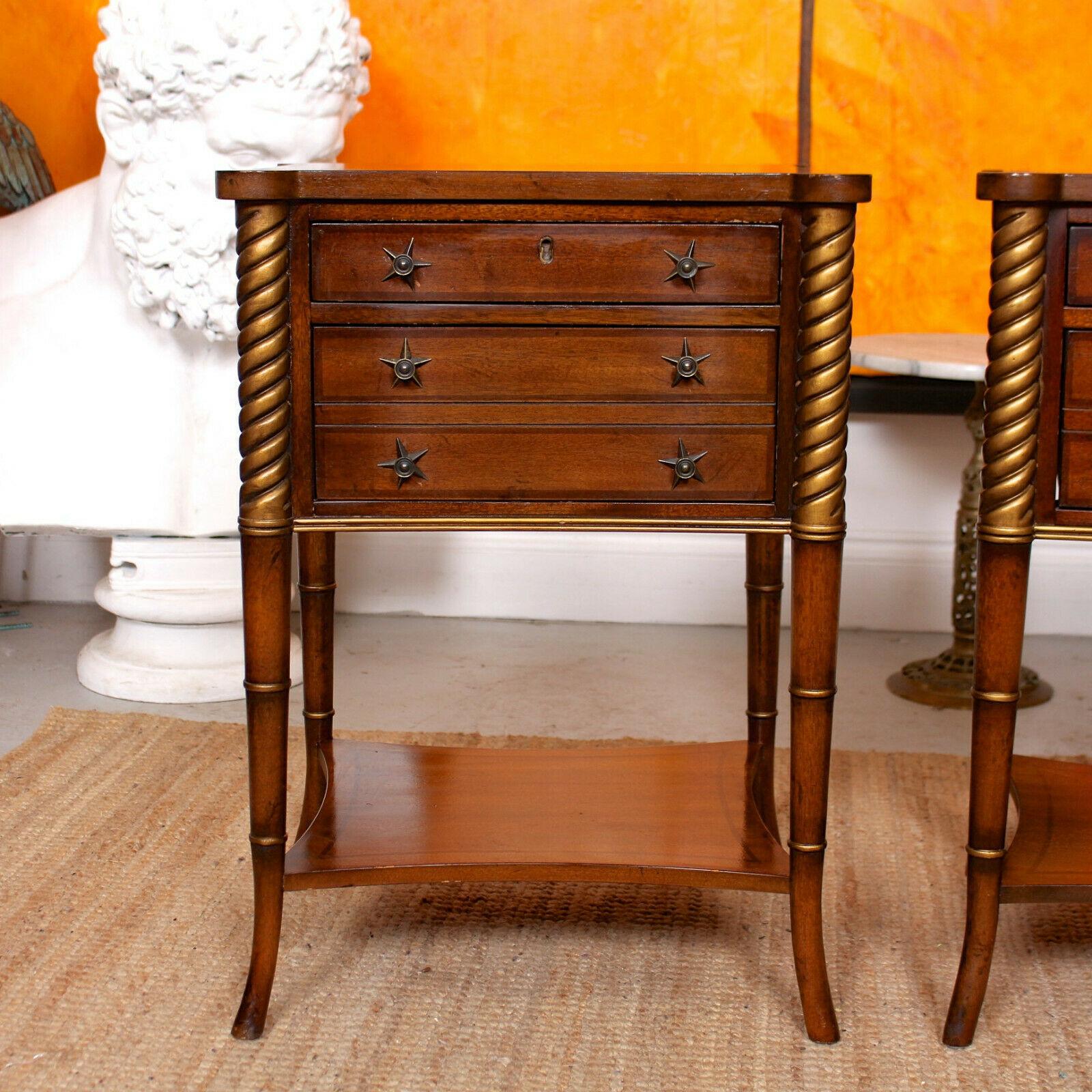 A pair of fine quality inlaid mahogany side tables by Drexel Heritage from the esteemed makers Covington Park collection.

The tops with inlaid borders with rounded corners, fitted three drawers each mounted with good handles, dovetailed jointing