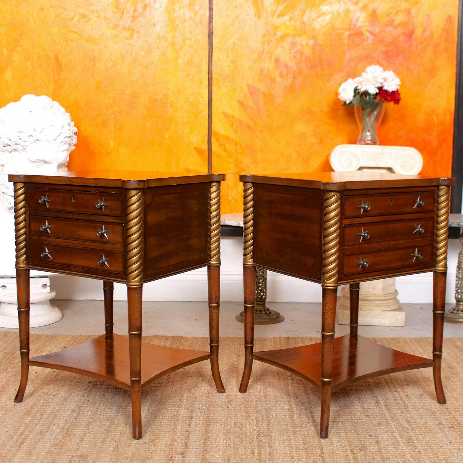 20th Century Pair of Side Tables Inlaid Mahogany Drexel Heritage Bedside Chest of Drawers