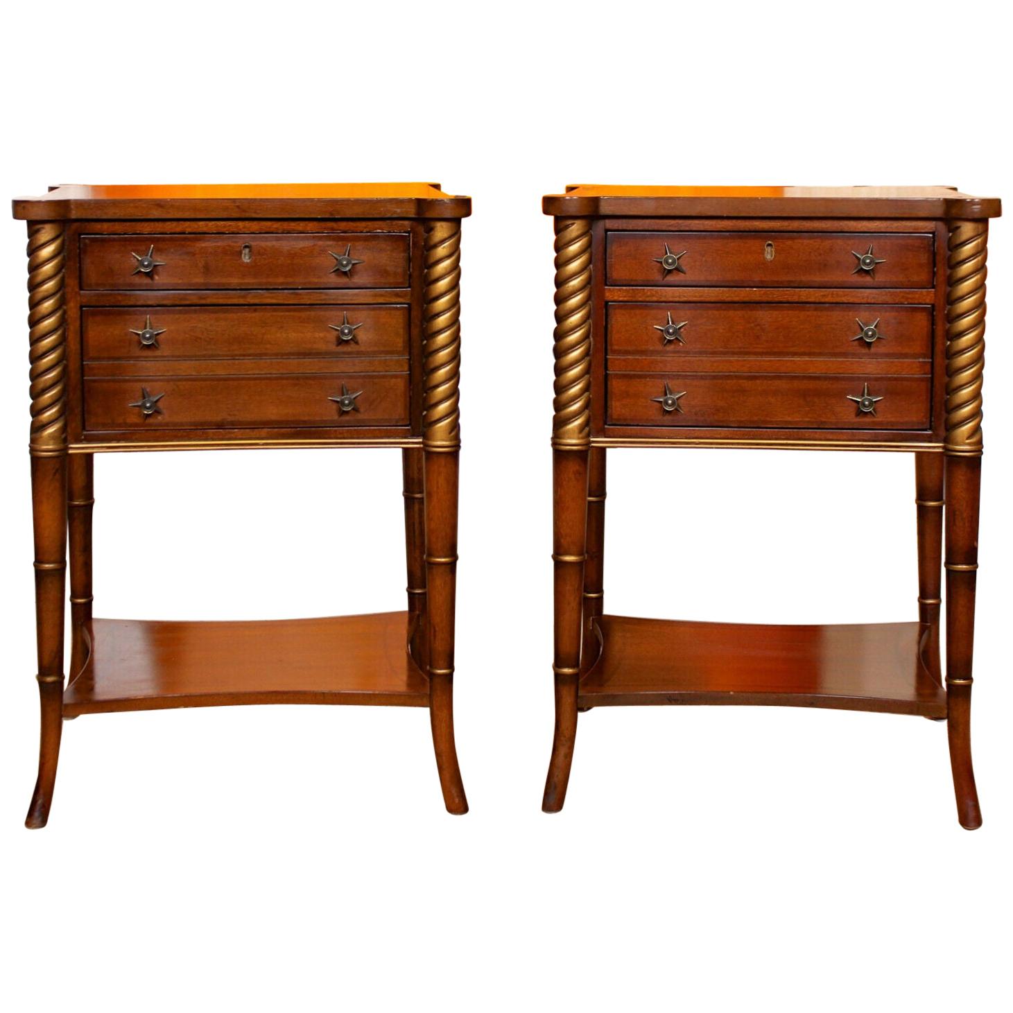 Pair of Side Tables Inlaid Mahogany Drexel Heritage Bedside Chest of Drawers