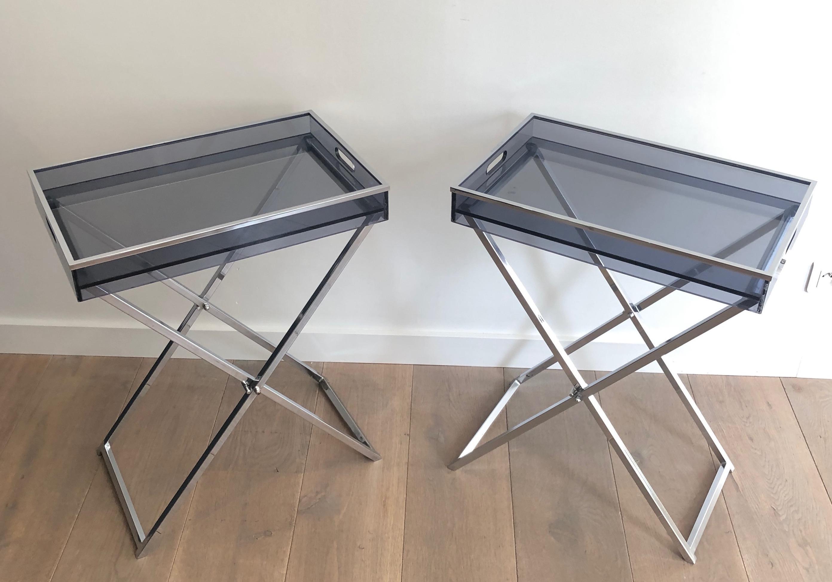Pair of Side Tables made of Folding Chrome Bases with Blueish Lucite Tops For Sale 5