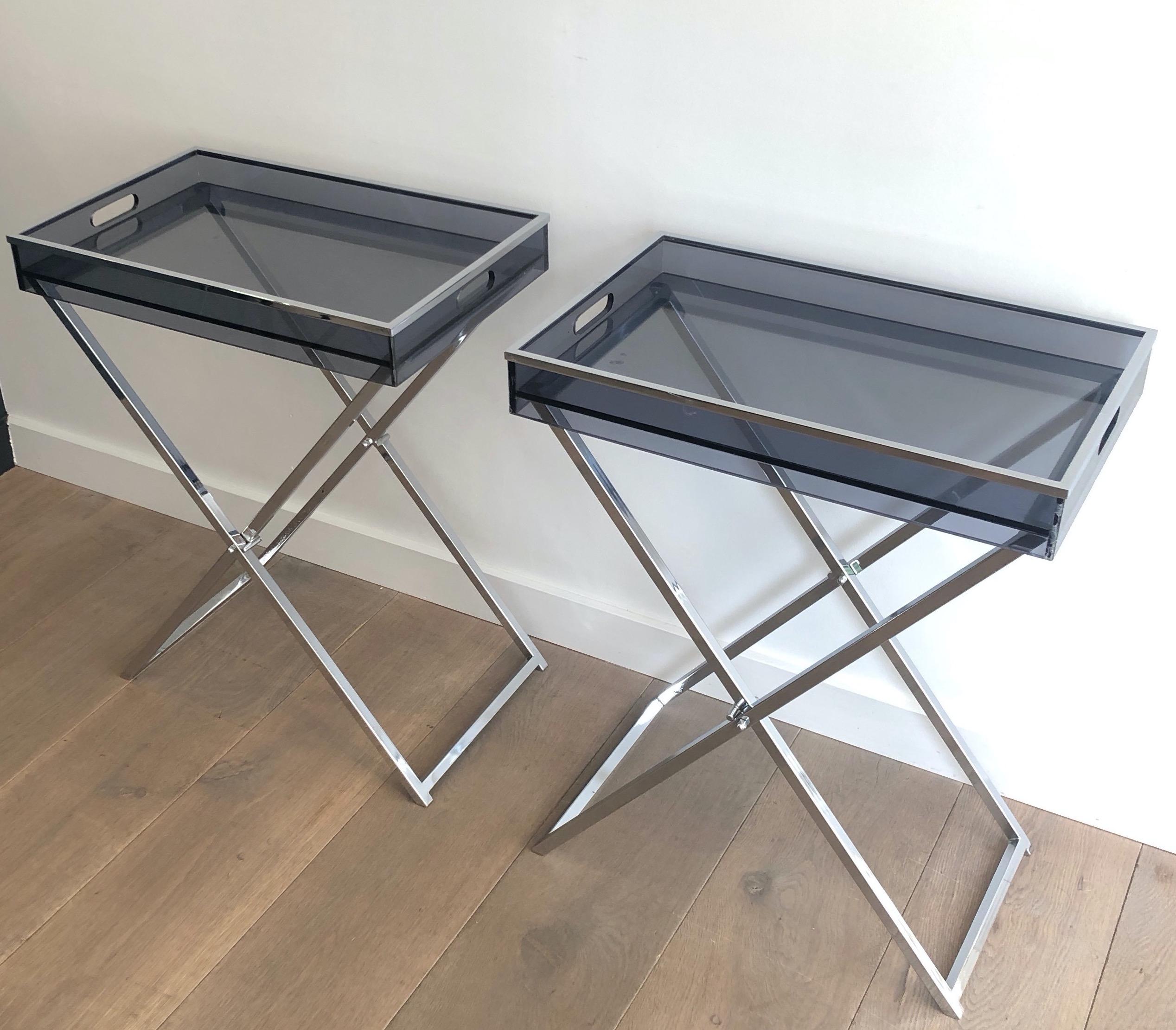 Pair of Side Tables made of Folding Chrome Bases with Blueish Lucite Tops For Sale 6