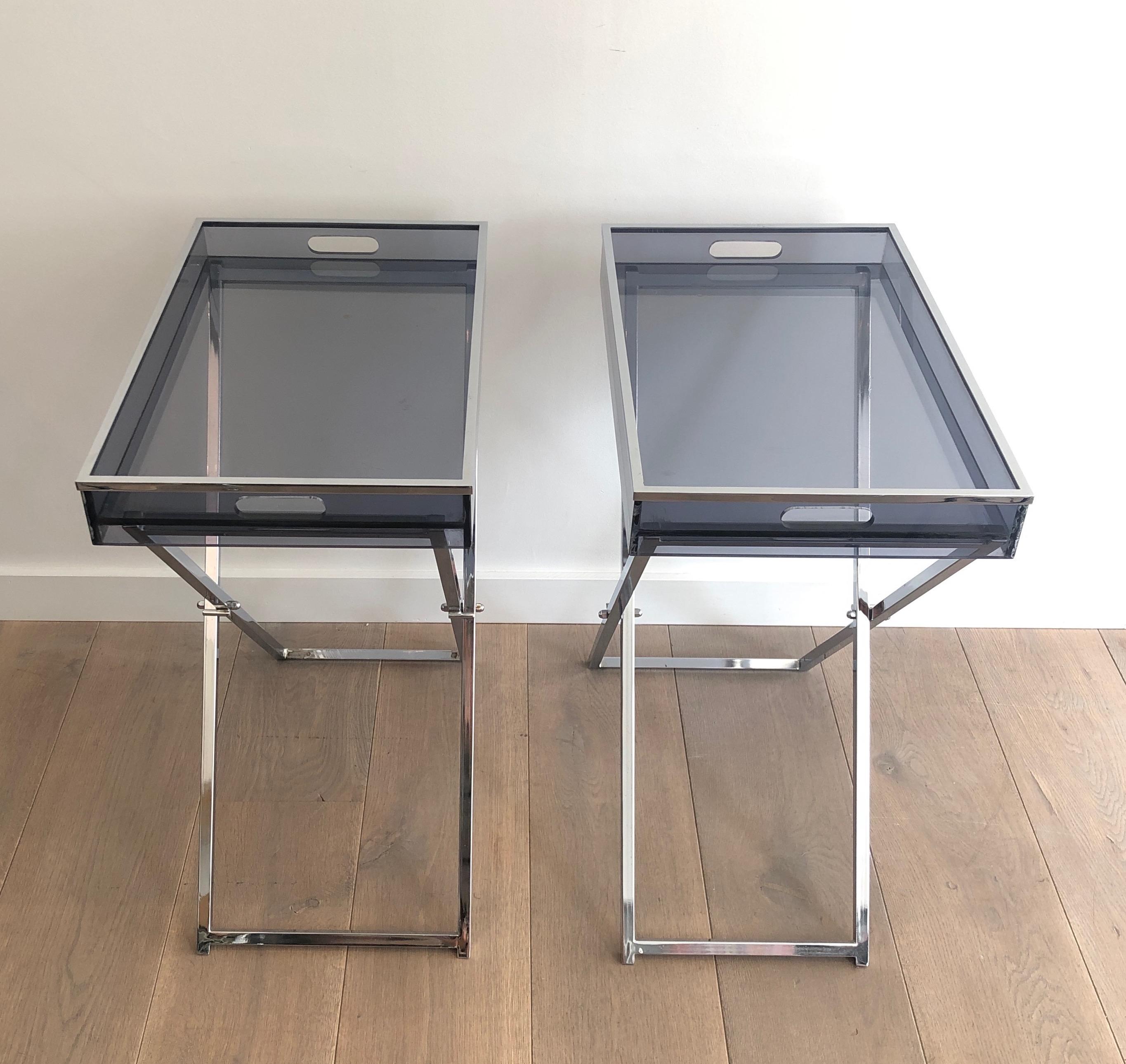 Pair of Side Tables made of Folding Chrome Bases with Blueish Lucite Tops For Sale 9