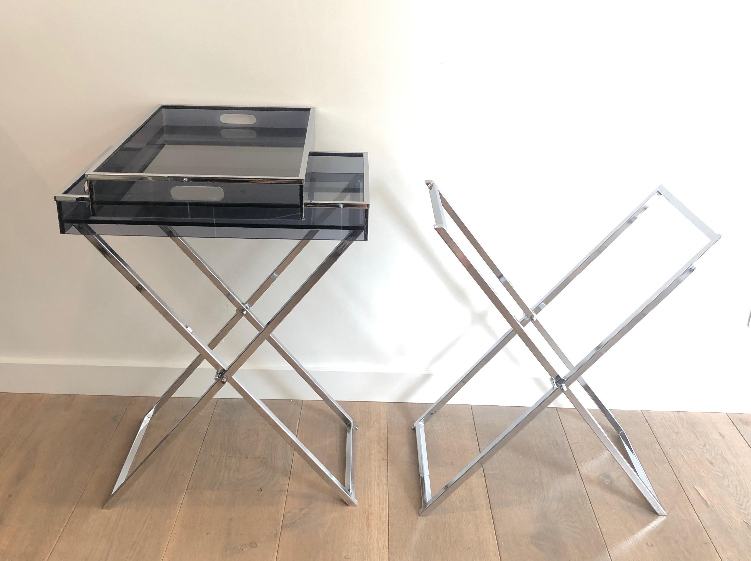 Pair of Side Tables made of Folding Chrome Bases with Blueish Lucite Tops For Sale 10