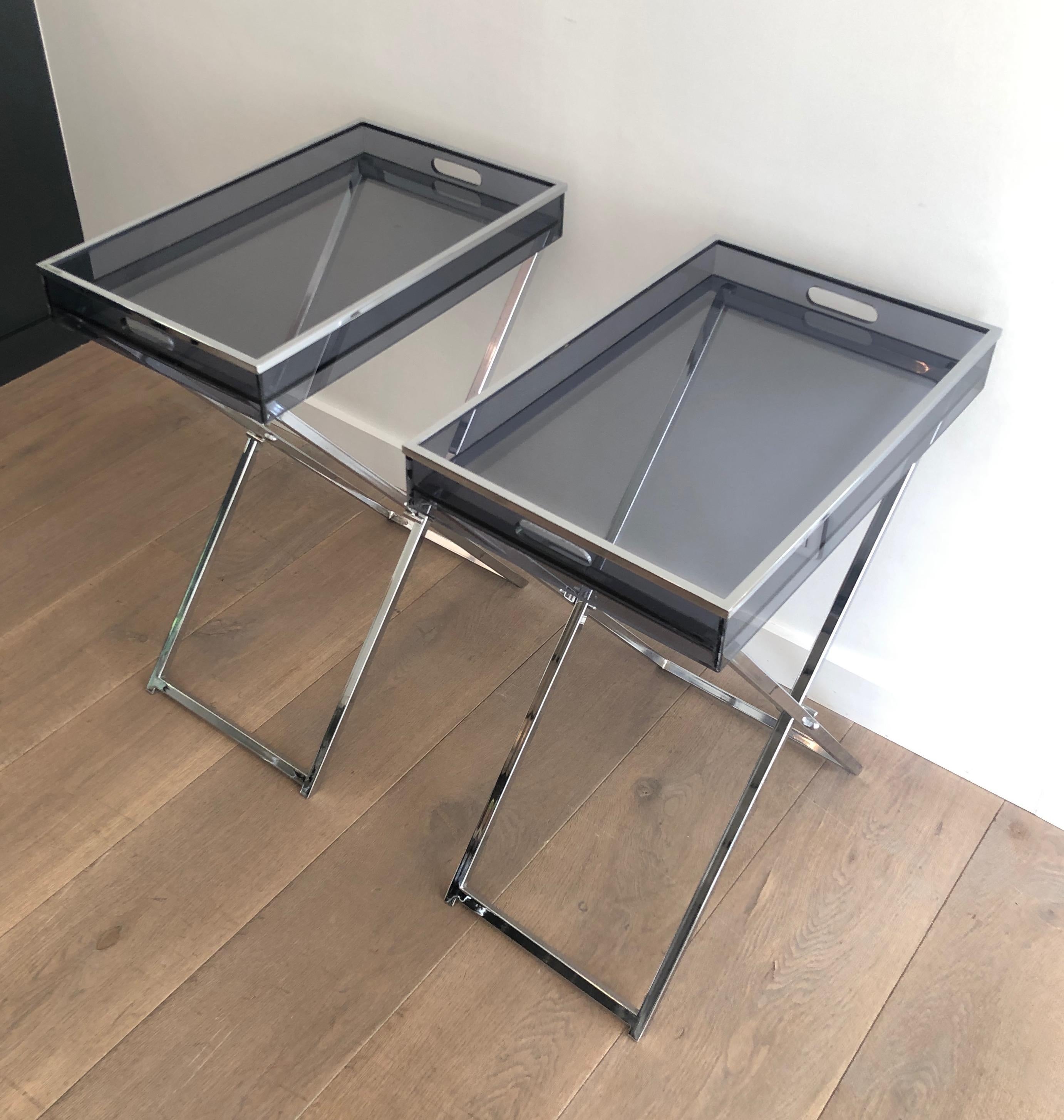 Pair of Side Tables made of Folding Chrome Bases with Blueish Lucite Tops For Sale 11