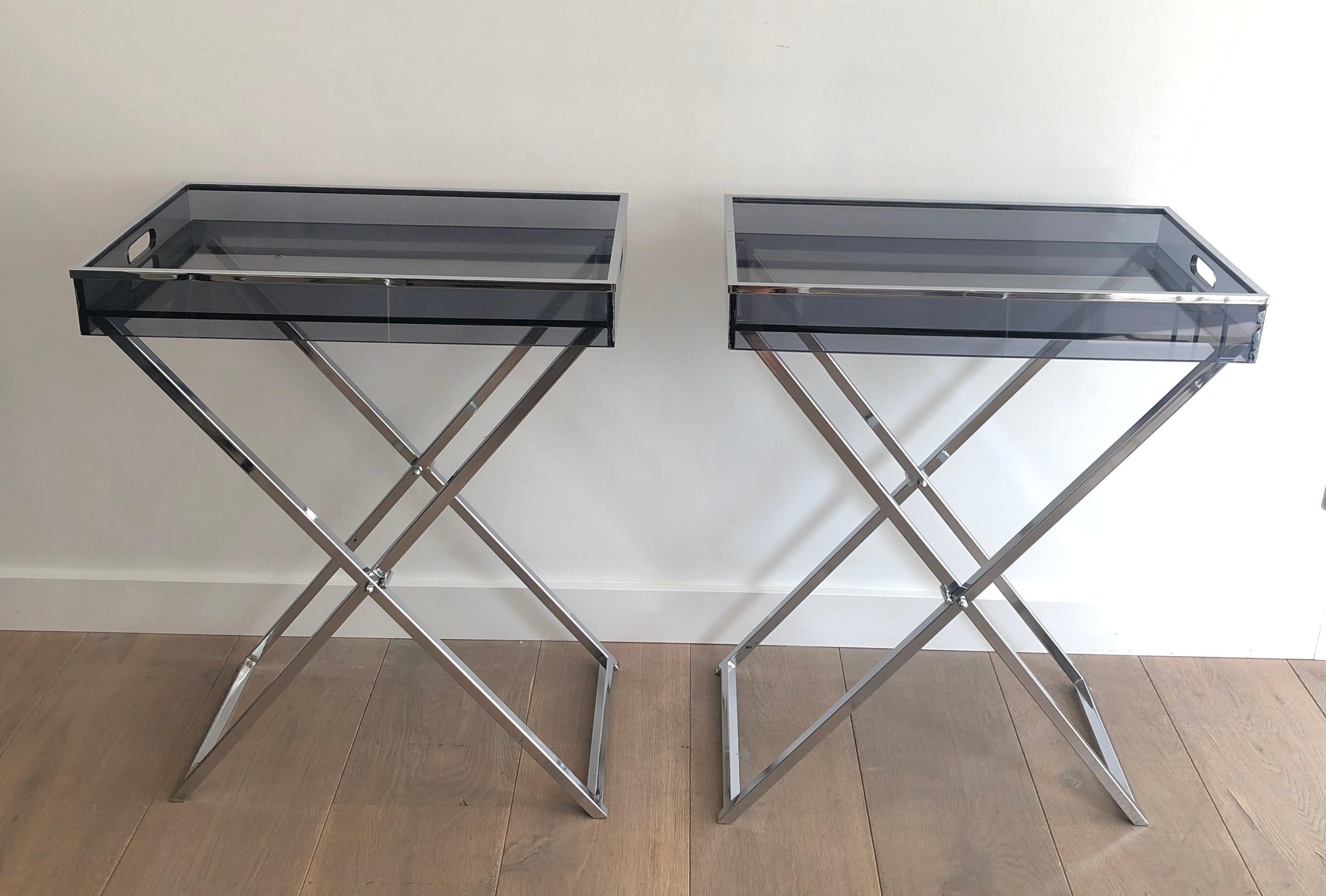 Pair of Side Tables made of Folding Chrome Bases with Blueish Lucite Tops For Sale 12
