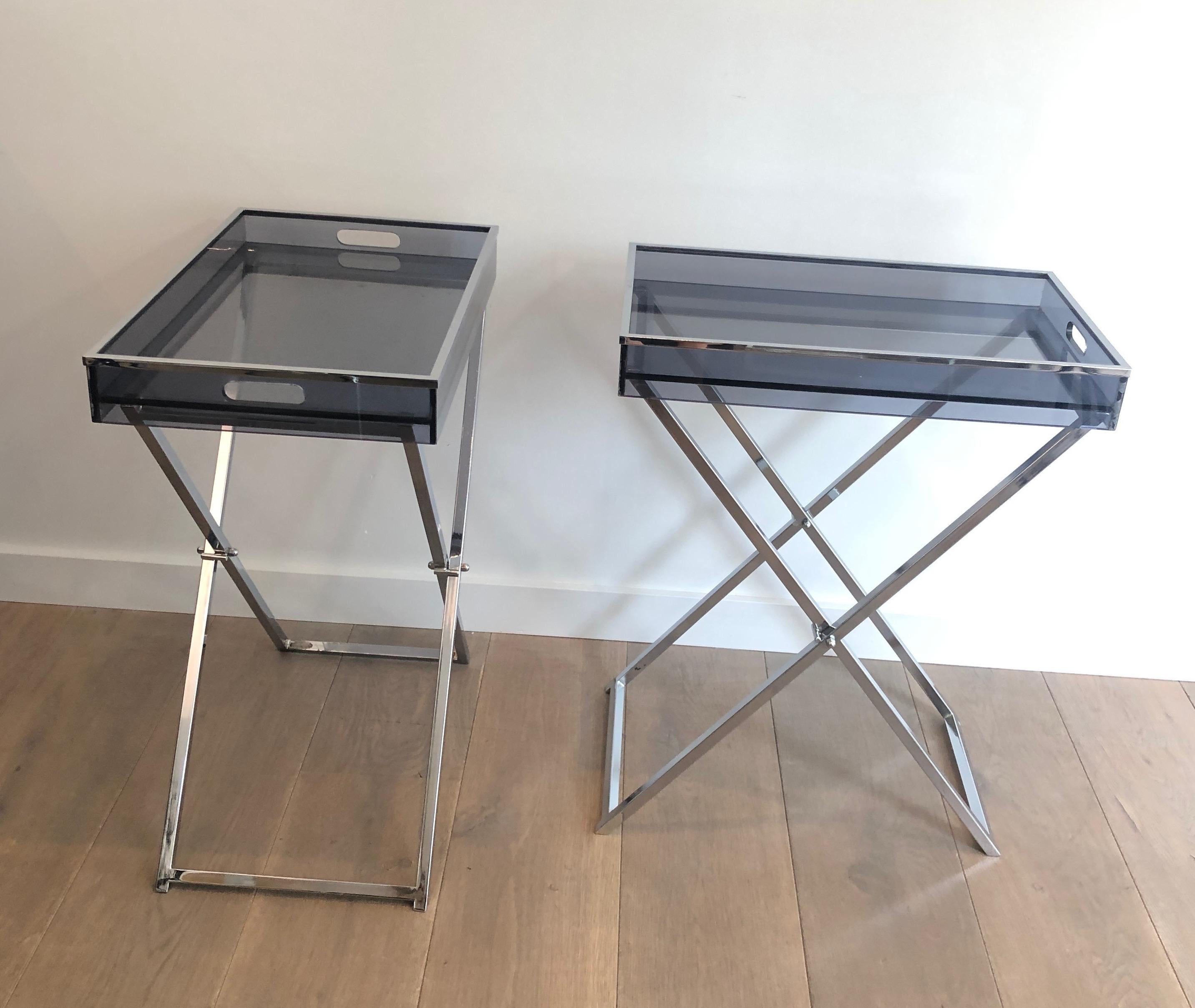 Pair of Side Tables made of Folding Chrome Bases with Blueish Lucite Tops For Sale 13