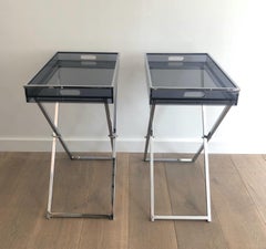 Pair of Side Tables made of Folding Chrome Bases with Blueish Lucite Tops