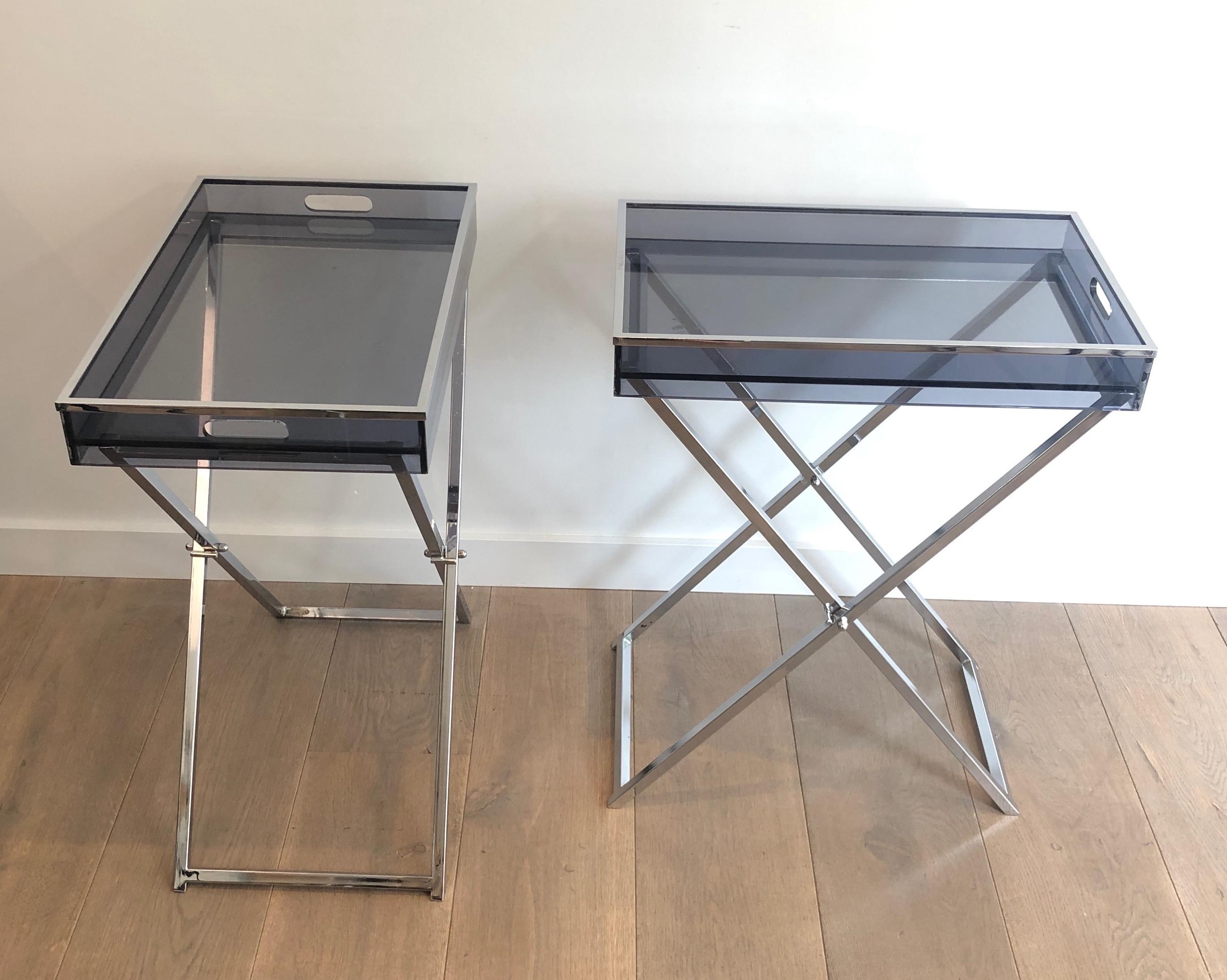 French Pair of Side Tables made of Folding Chrome Bases with Blueish Lucite Tops For Sale