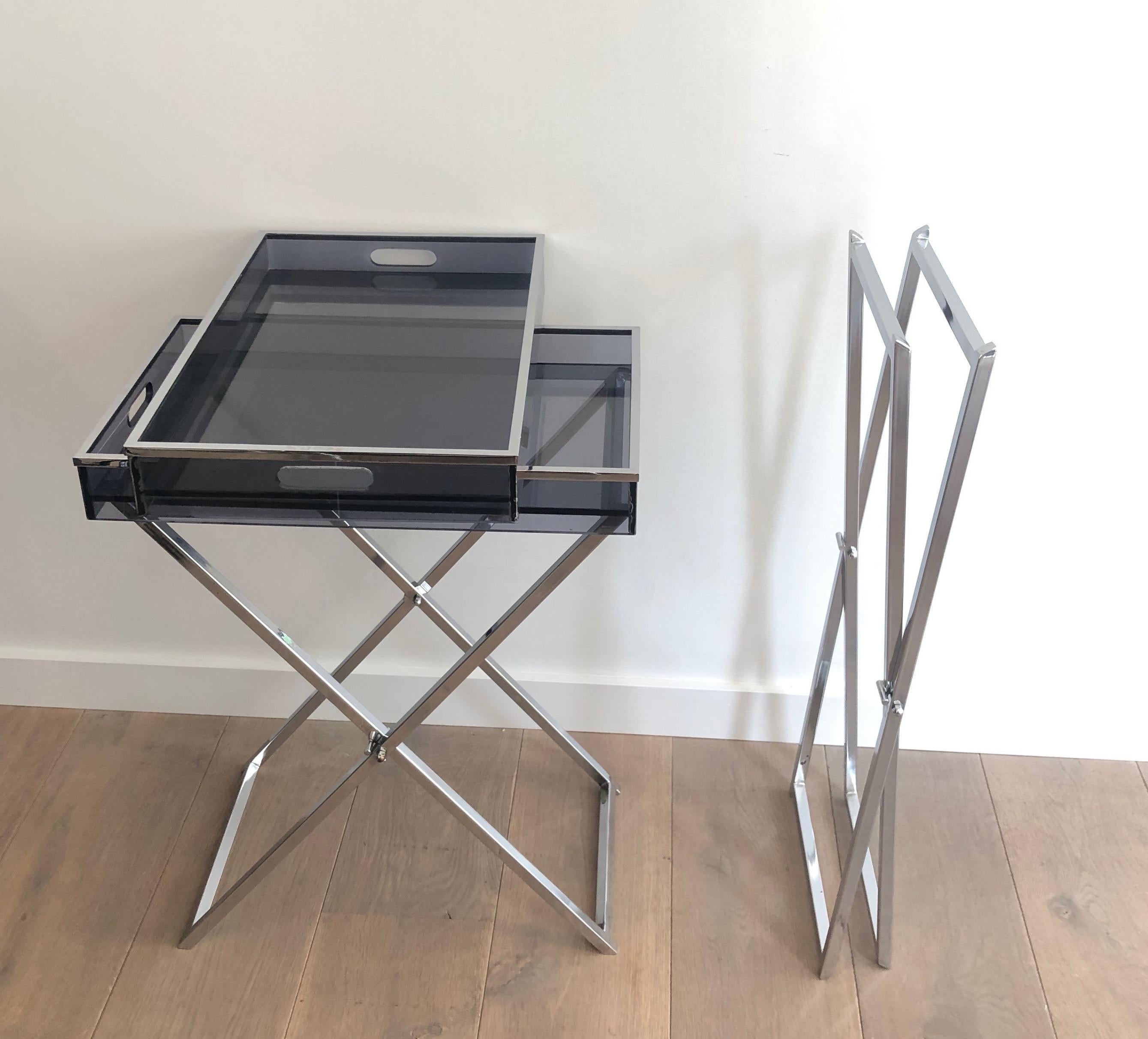Late 20th Century Pair of Side Tables made of Folding Chrome Bases with Blueish Lucite Tops For Sale
