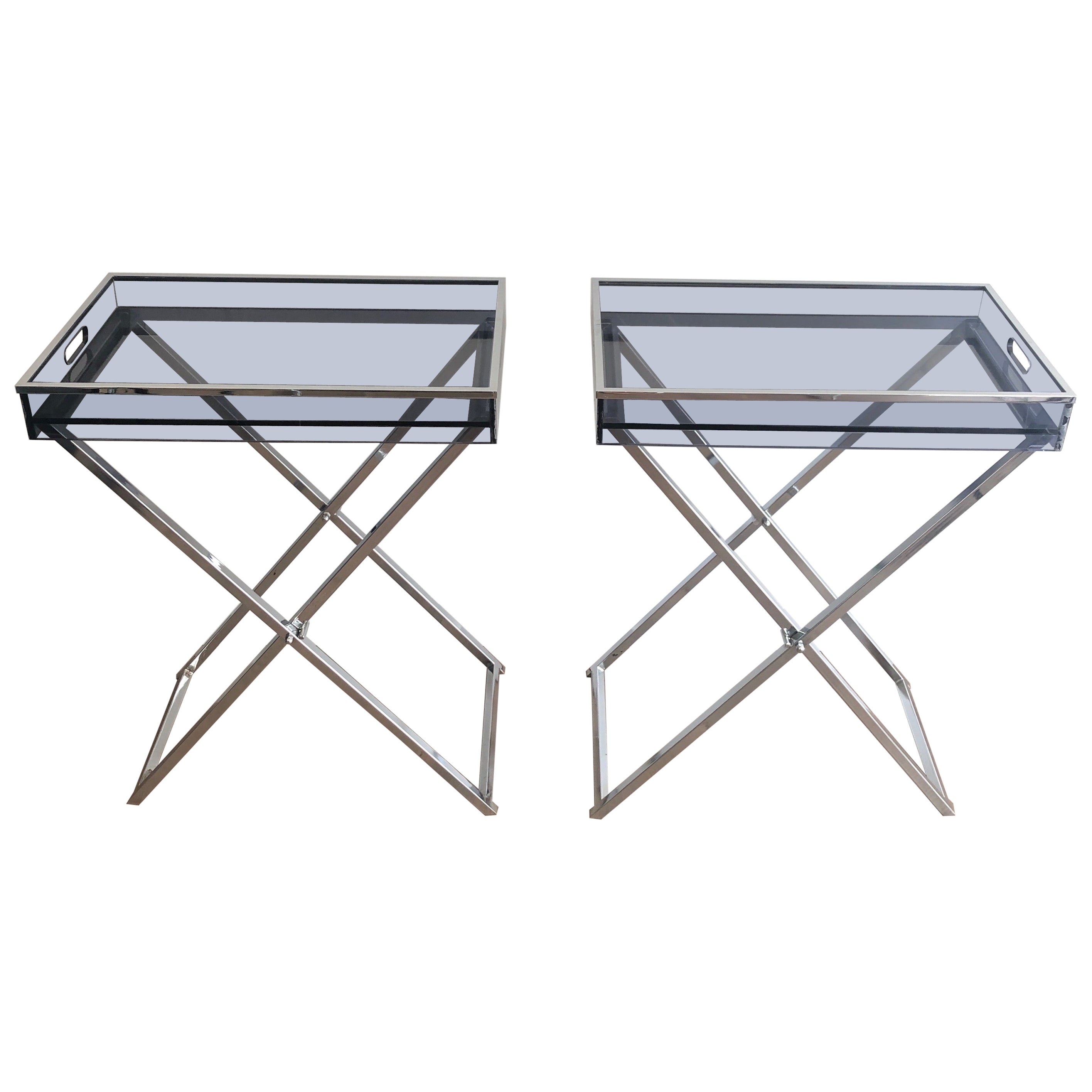 Pair of Side Tables made of Folding Chrome Bases with Blueish Lucite Tops