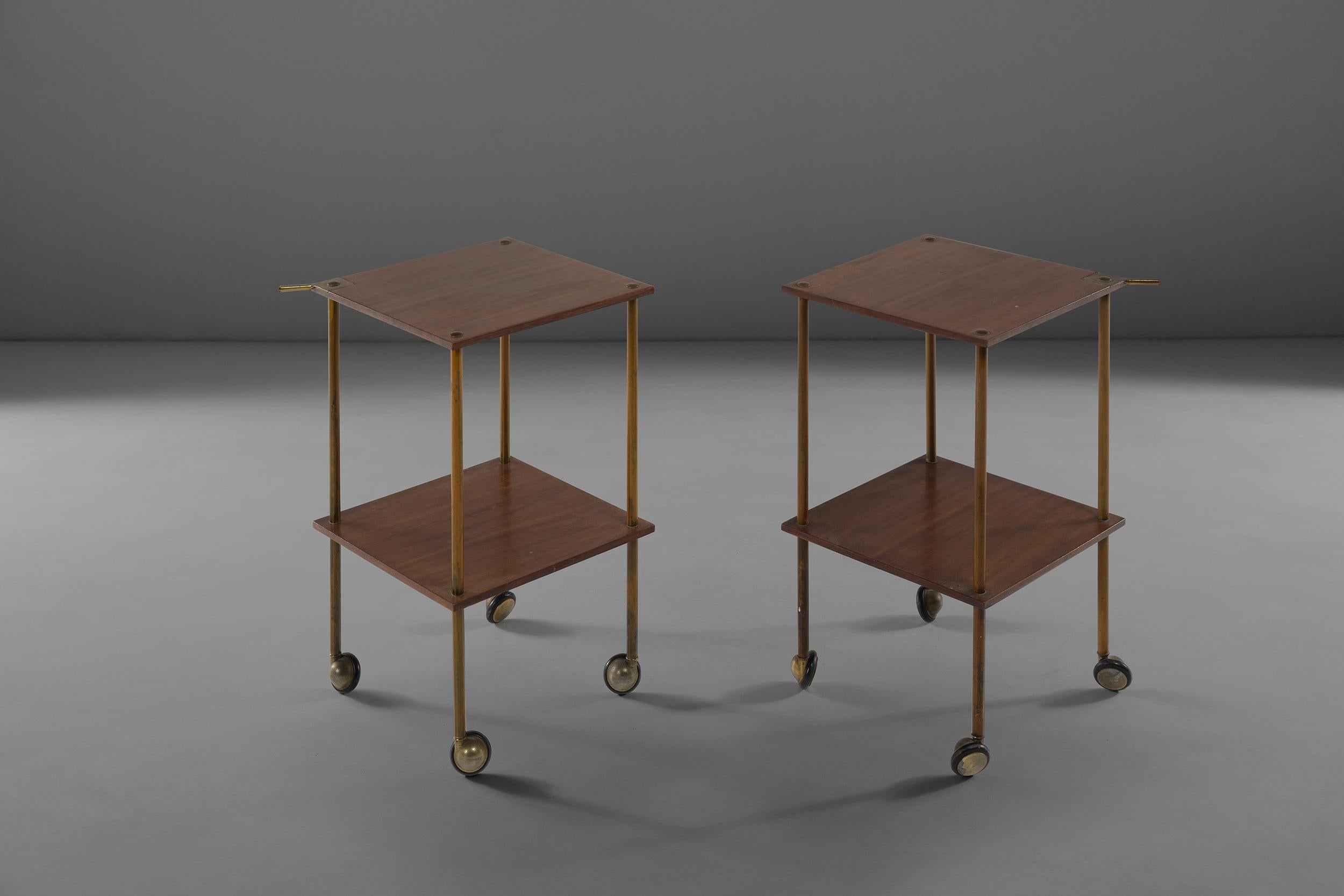 Mid-Century Modern Pair of Side Tables Model T9 in wood and brass by Luigi Caccia Dominioni, 1950s