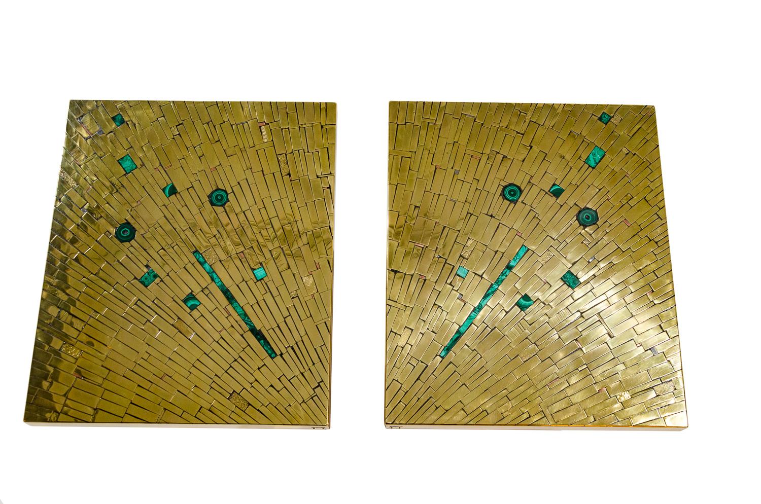 One of a kind studio built pair of side table in mosaic brass with inlaid malachite by Stan Usel. Left and right.
Exceptional craftsmanship. All pieces can be custom-made to order. Signed by the artist.
Pair of side table in brass mosaic inlay