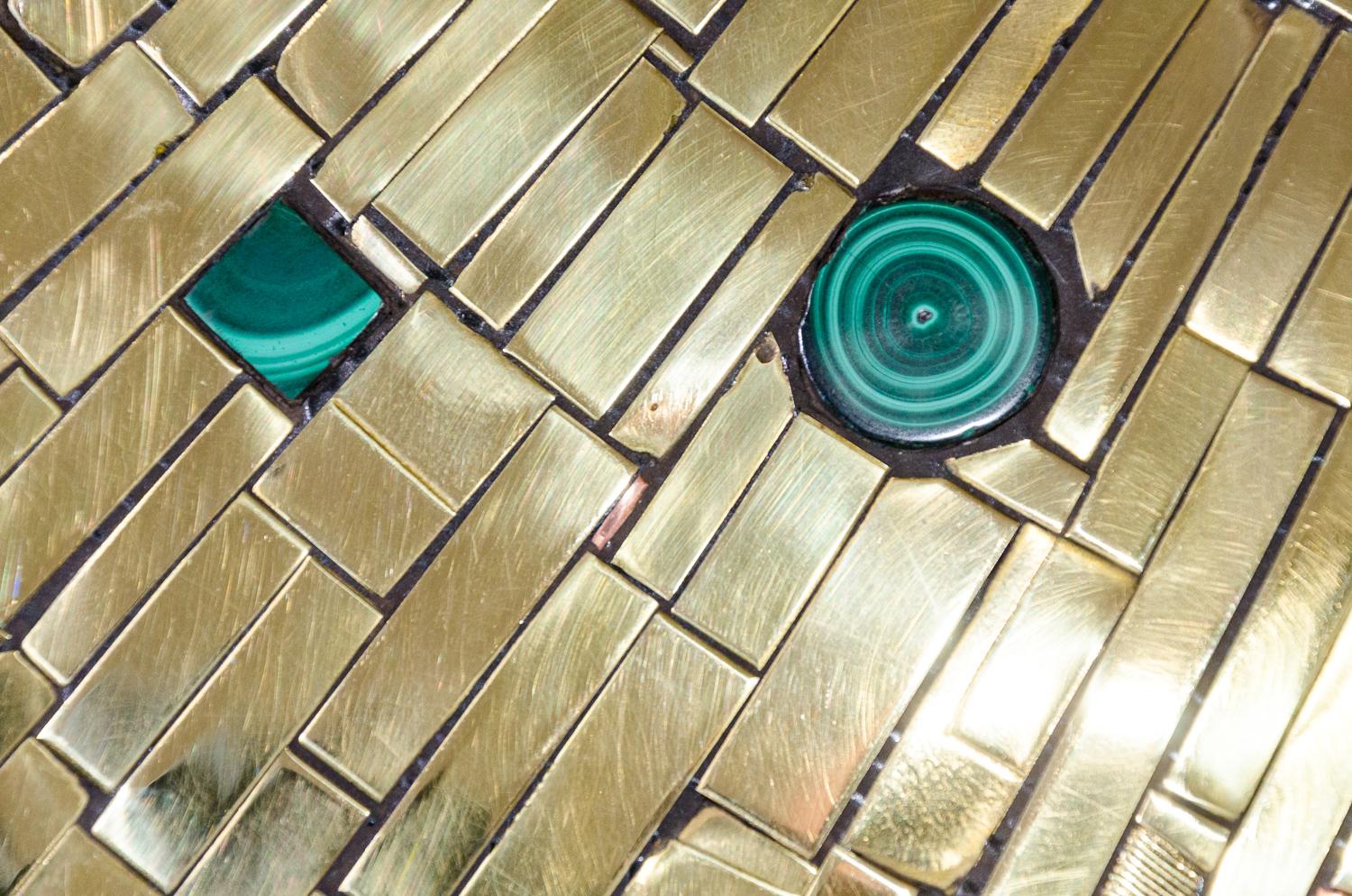 Pair of Side Tables Mosaic Brass and Malachite by Stan Usel 2