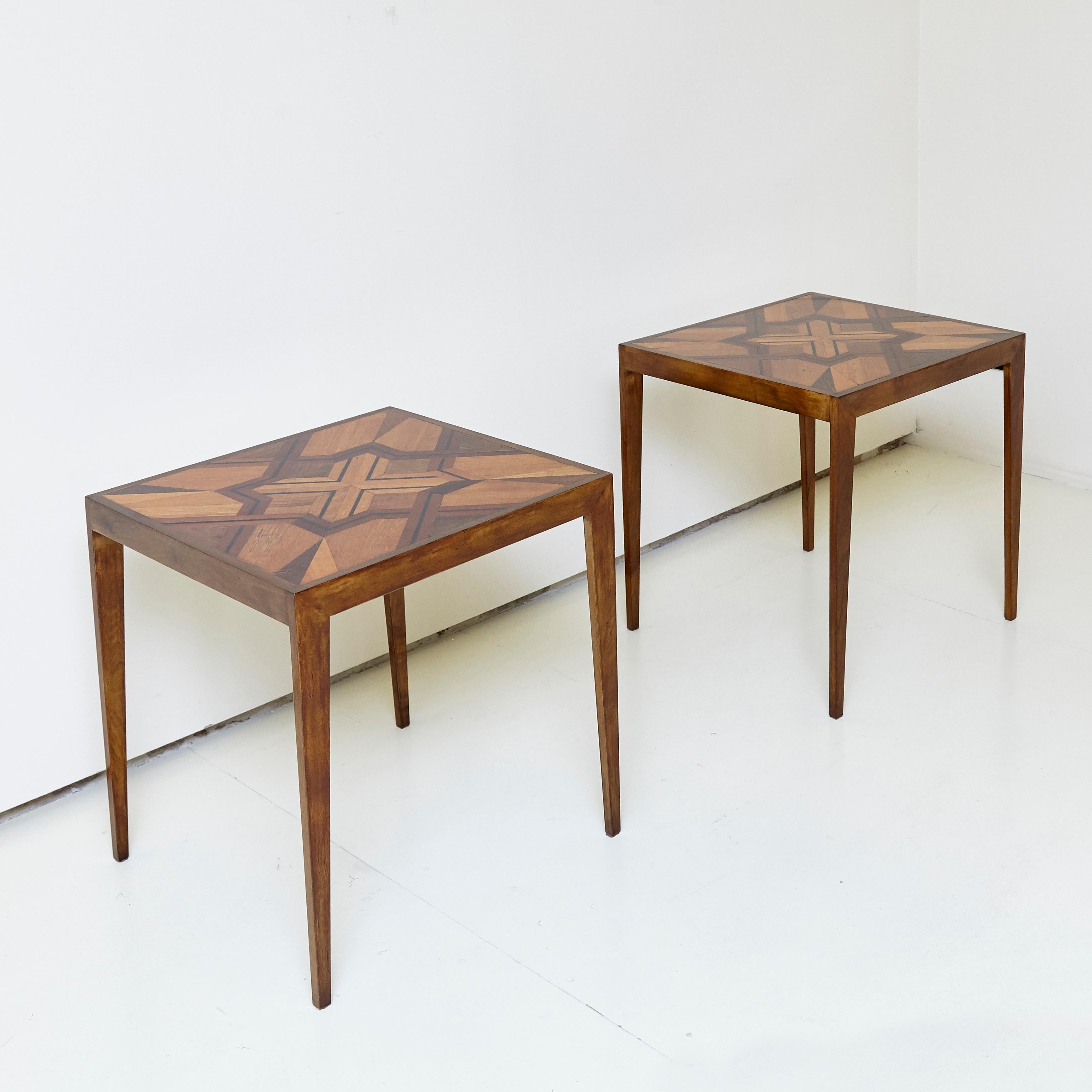 Mid-Century Modern Pair of Side Tables of Various Noble Woods