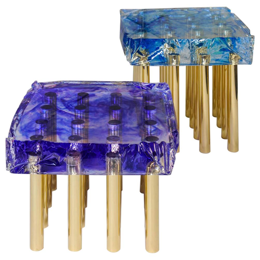 Pair of Side Tables or Nesting Tables in Resin and Brass