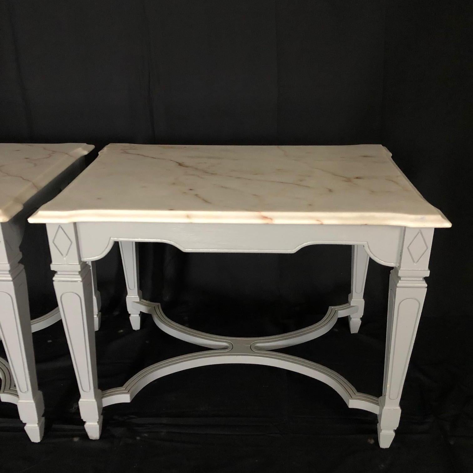 Carrara Marble Pair of Side Tables or Nightstands with Beveled Carrera Top