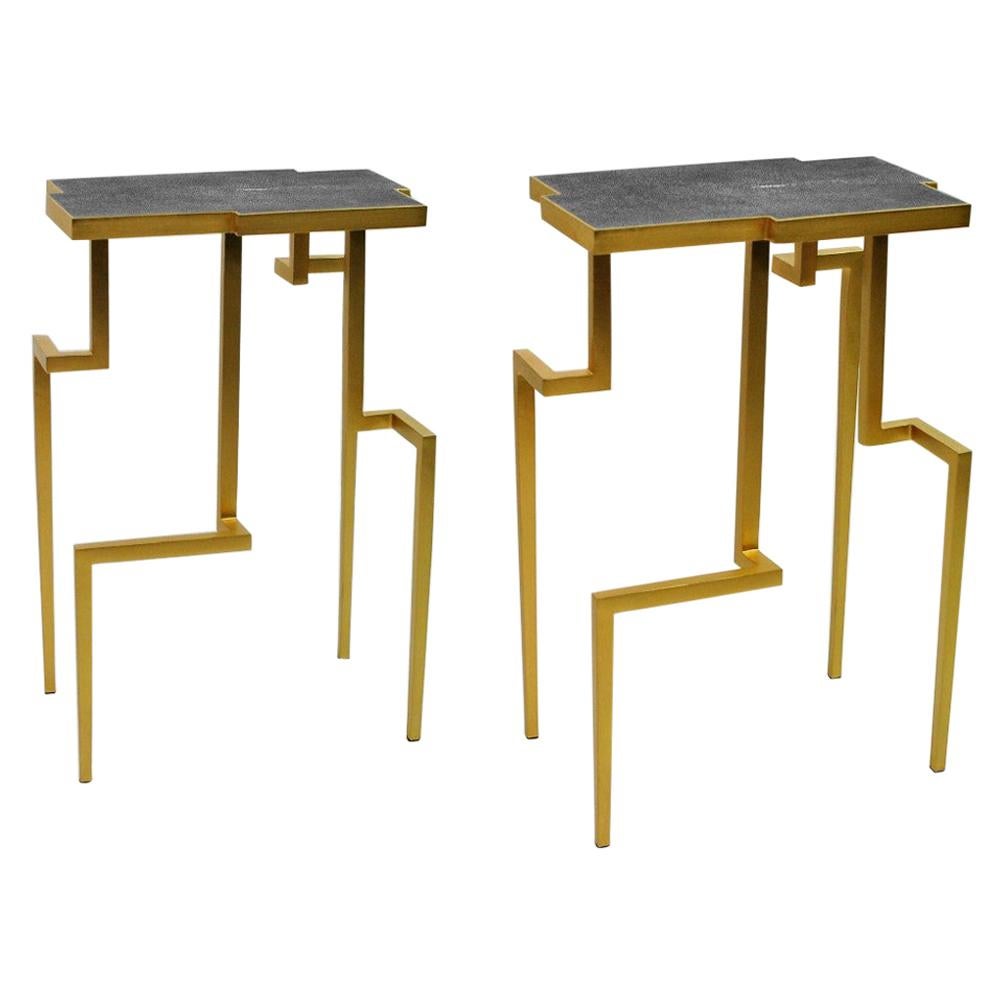 Pair of Side Tables PIXEL in Shagreen and Brass by Ginger Brown For Sale