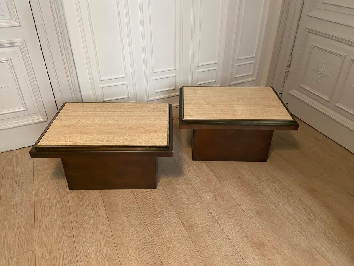 Pair of side tables produced by Belgo Chrom in Belgium. 1970s. Structure in copper, gold edging, travertine plate.