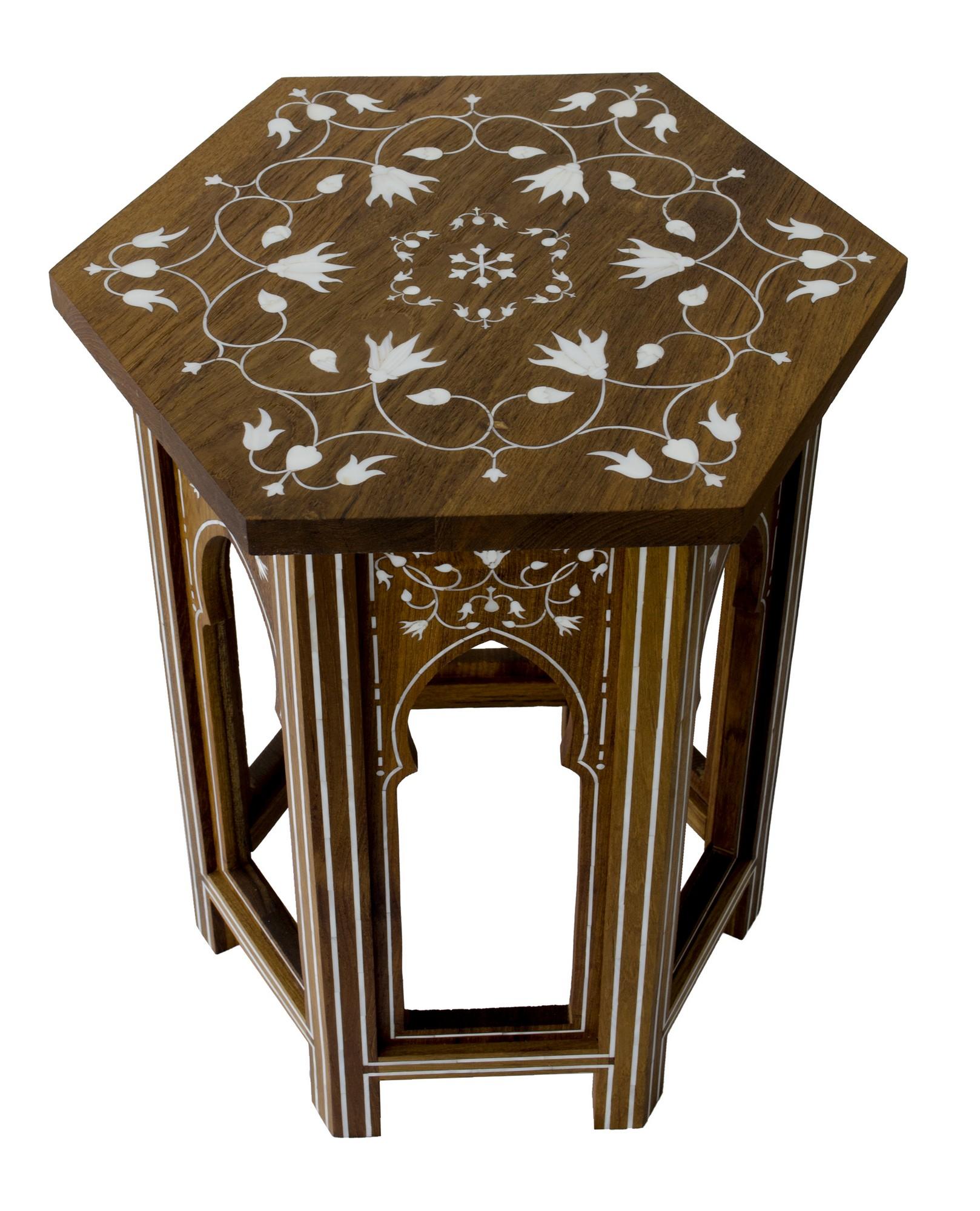 Pair of side tables, Mihrab bed side tables with Mother of Pearl Inlay in Wood is inspired by the Mihrab element of Indian architecture, this simple design from Stephane Odegard's Udaipur Atelier, uses the intricate mother of pearl work on the top
