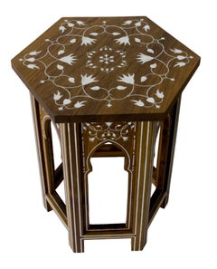 Pair of Side Tables, Round Bed Side Tables with Mother of Pearl Inlay in Wood