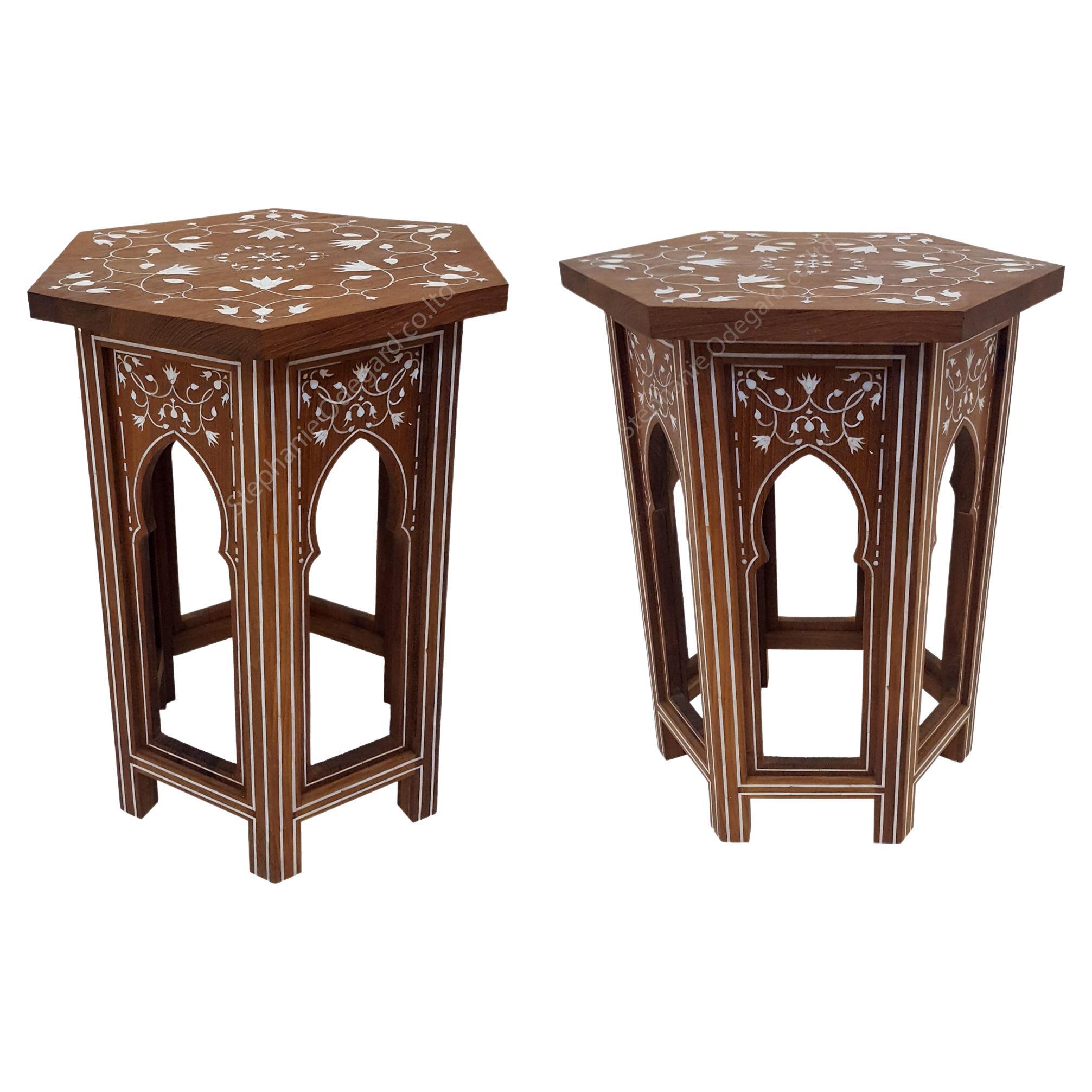 Pair of Side Tables, Round Bed Side Tables with Mother of Pearl Inlay in Wood