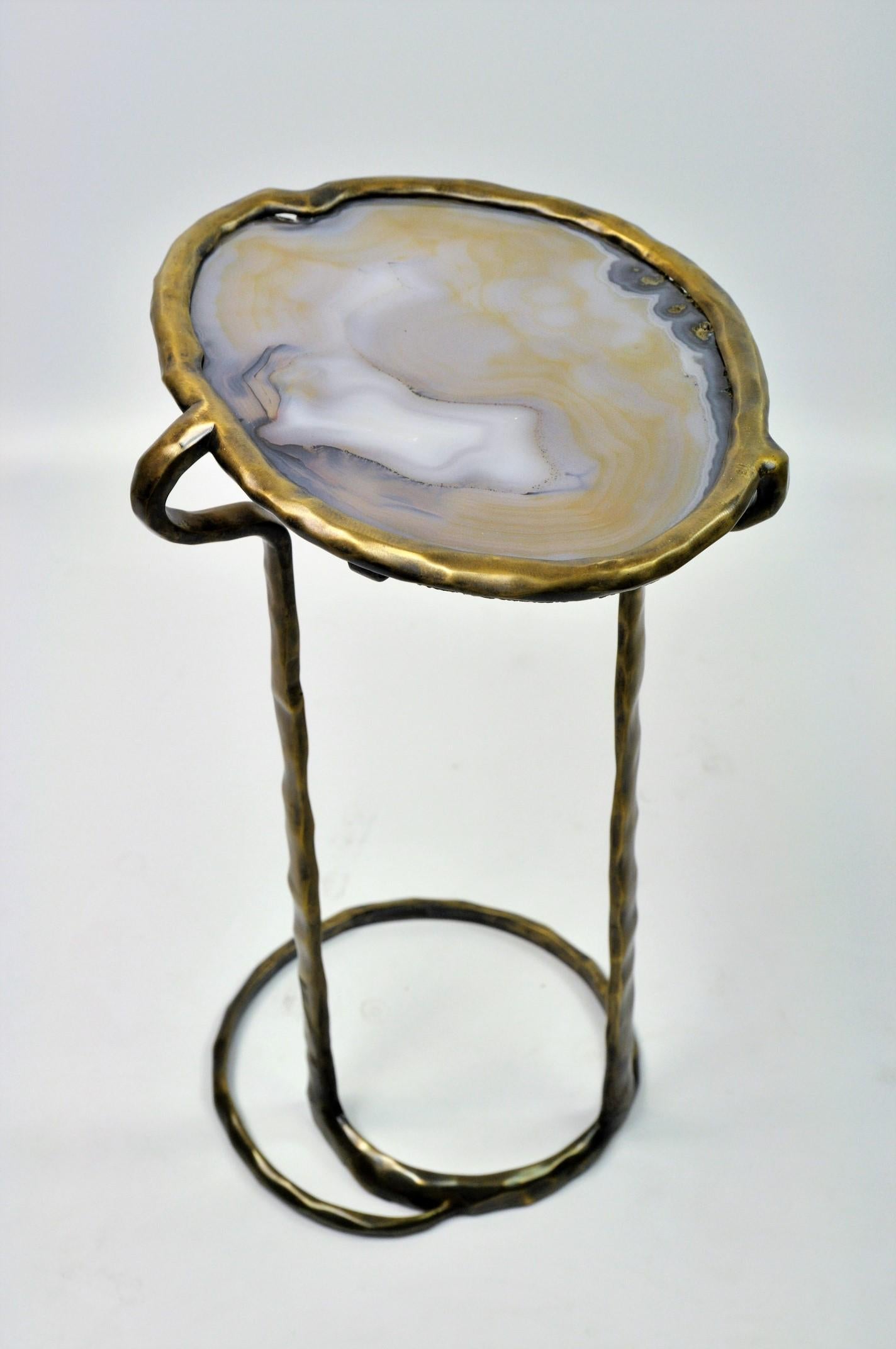 Contemporary Pair of Side Tables SERPENT in Brass and Agate by Ginger Brown