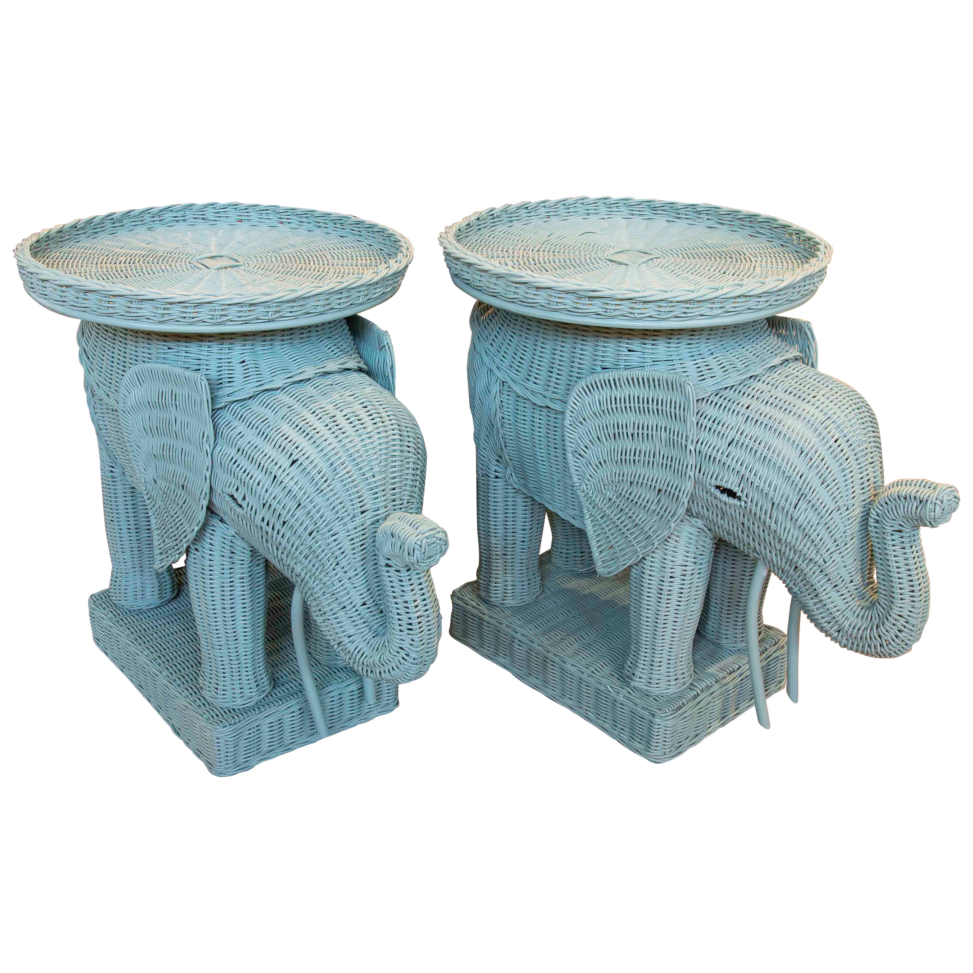 Pair of Side Tables with Elephant Design in Green Wicker