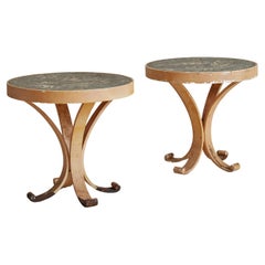 Pair of Side Tables with Enameled Lavic Stone Tops in the Style of Jean Jaffeux