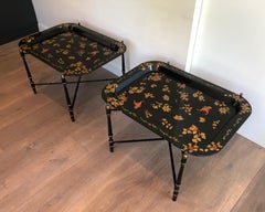 Pair of Side Tables with Folding Metal Bases and Removable Lacquered Trays with