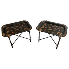 Retro Pair of Side Tables with Folding Metal Bases and Removable Lacquered Trays with
