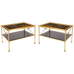 Pair of Side Tables with Giltwood Framed, Hand Painted, Lacquered Panel Tops