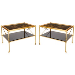 Pair of Side Tables with Giltwood Framed, Hand Painted, Lacquered Panel Tops