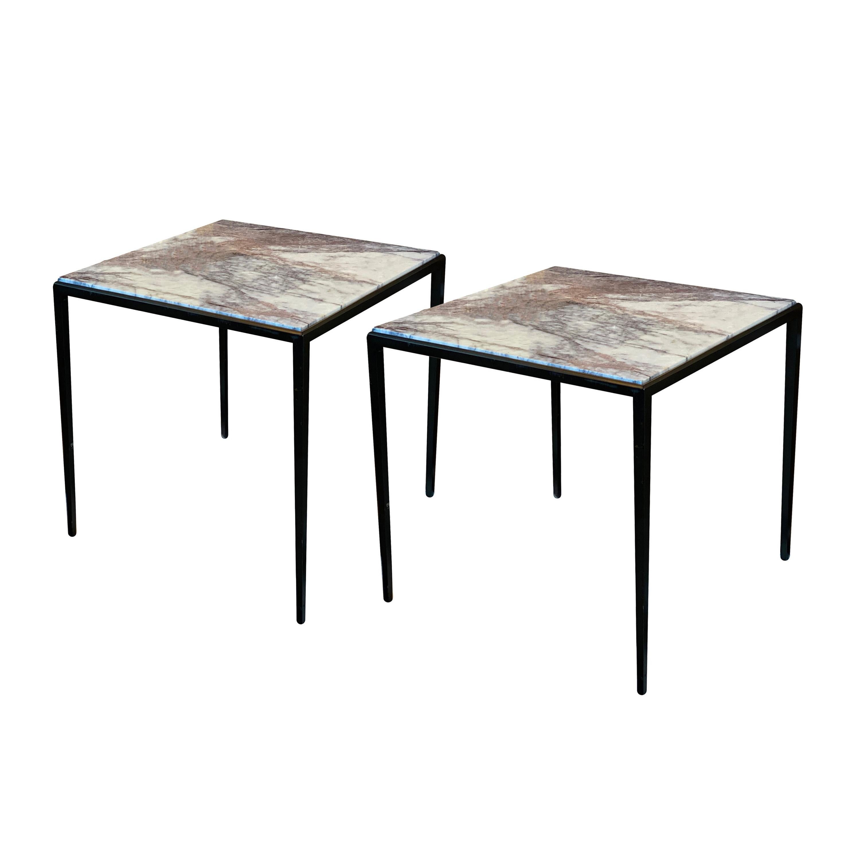 Pair of Side Tables with Lavender / Gray Marble and "Bronze" Bases