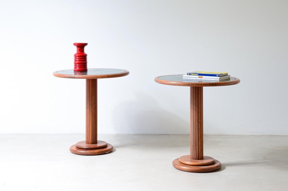 
COD-2714
Pair of side tables with turned wooden column and green Alpi marble top.

Italian manufacture, ca. 1940