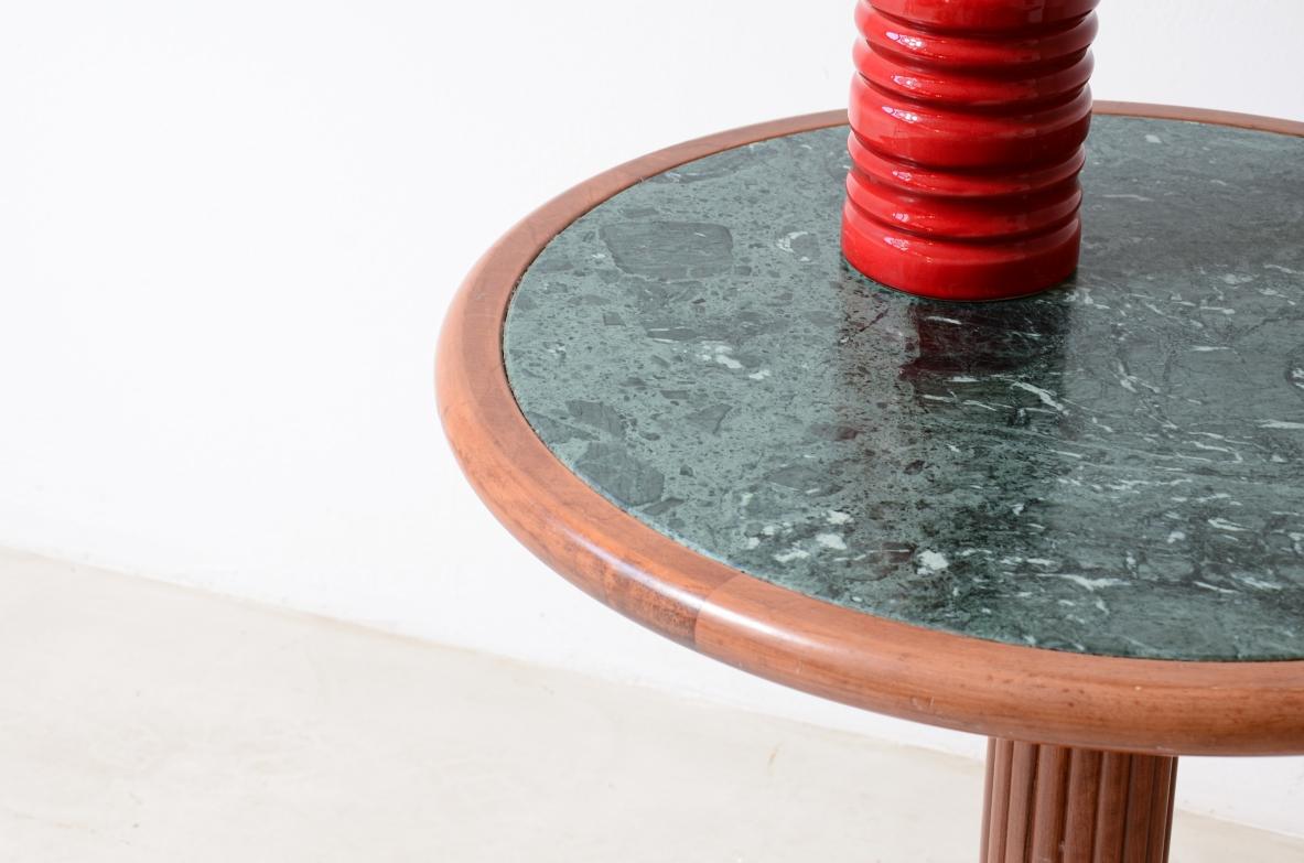 Art Deco Pair of side tables with turned wooden column and green marble top.