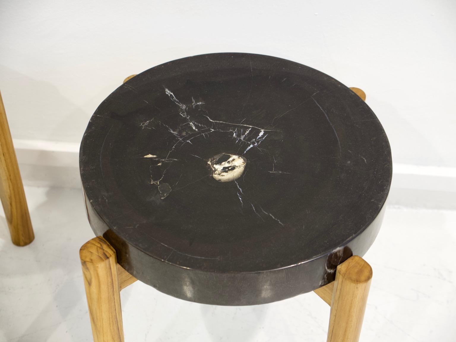 Contemporary Pair of Side Tables with Wooden Feet and Dark Petrified Wood Top