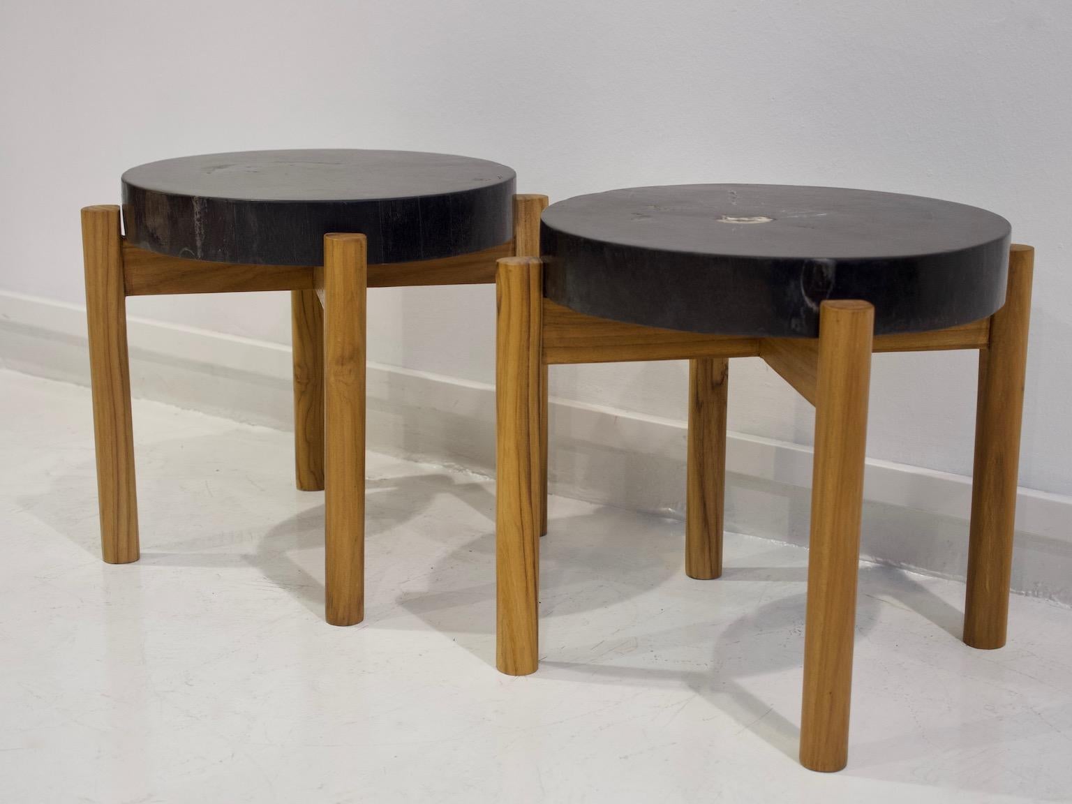 Pair of Side Tables with Wooden Feet and Dark Petrified Wood Top 1