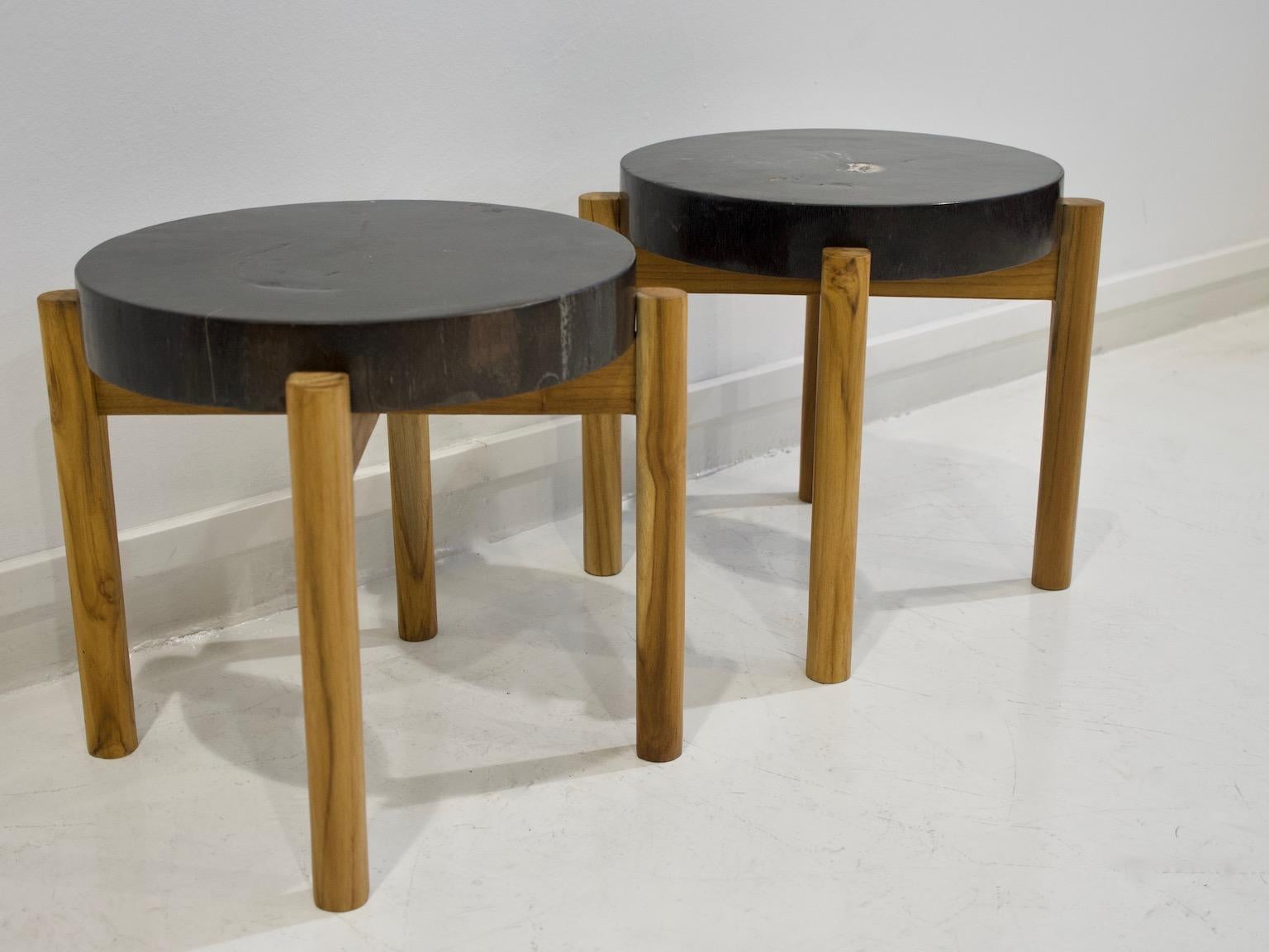 Pair of Side Tables with Wooden Feet and Dark Petrified Wood Top 2