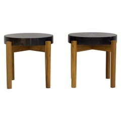 Pair of Side Tables with Wooden Feet and Dark Petrified Wood Top
