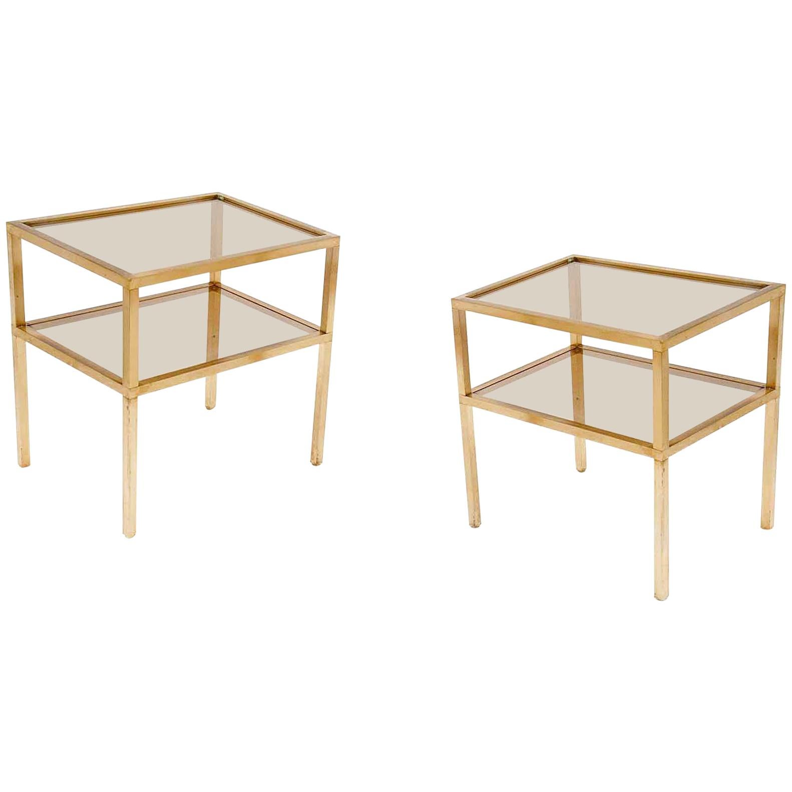 Pair of Sides Table or Nightstands in Brass and Metal, France 1970, Gold Color