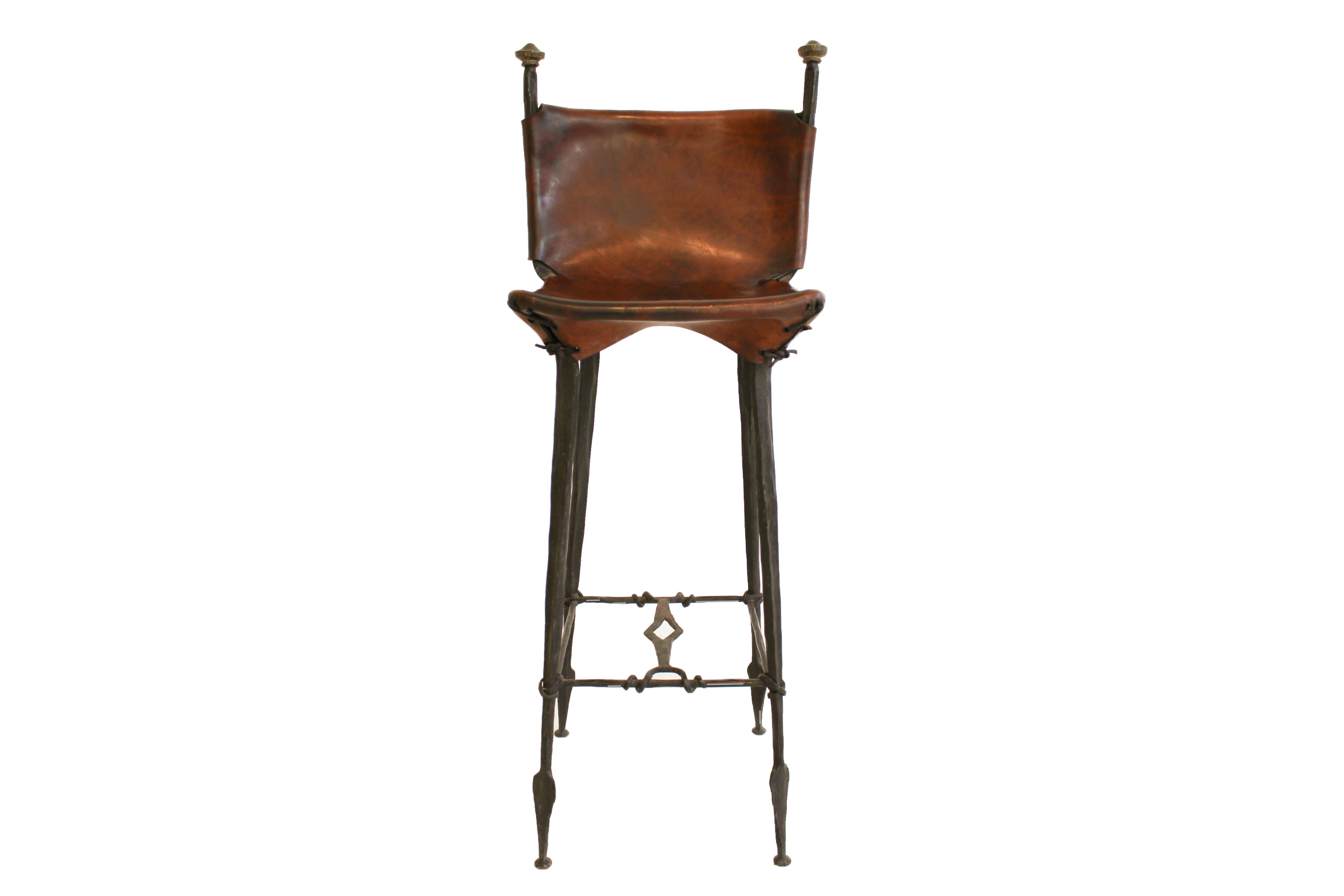 Pair of Sido and François Thevenin bar stool.
Made with forged iron and leather.
Stamped in the back.
Circa 1970, France.
Very good vintage condition.
Born on the Côte d’Azur in 1931, François Thévenin was an artist, architect, sculptor,