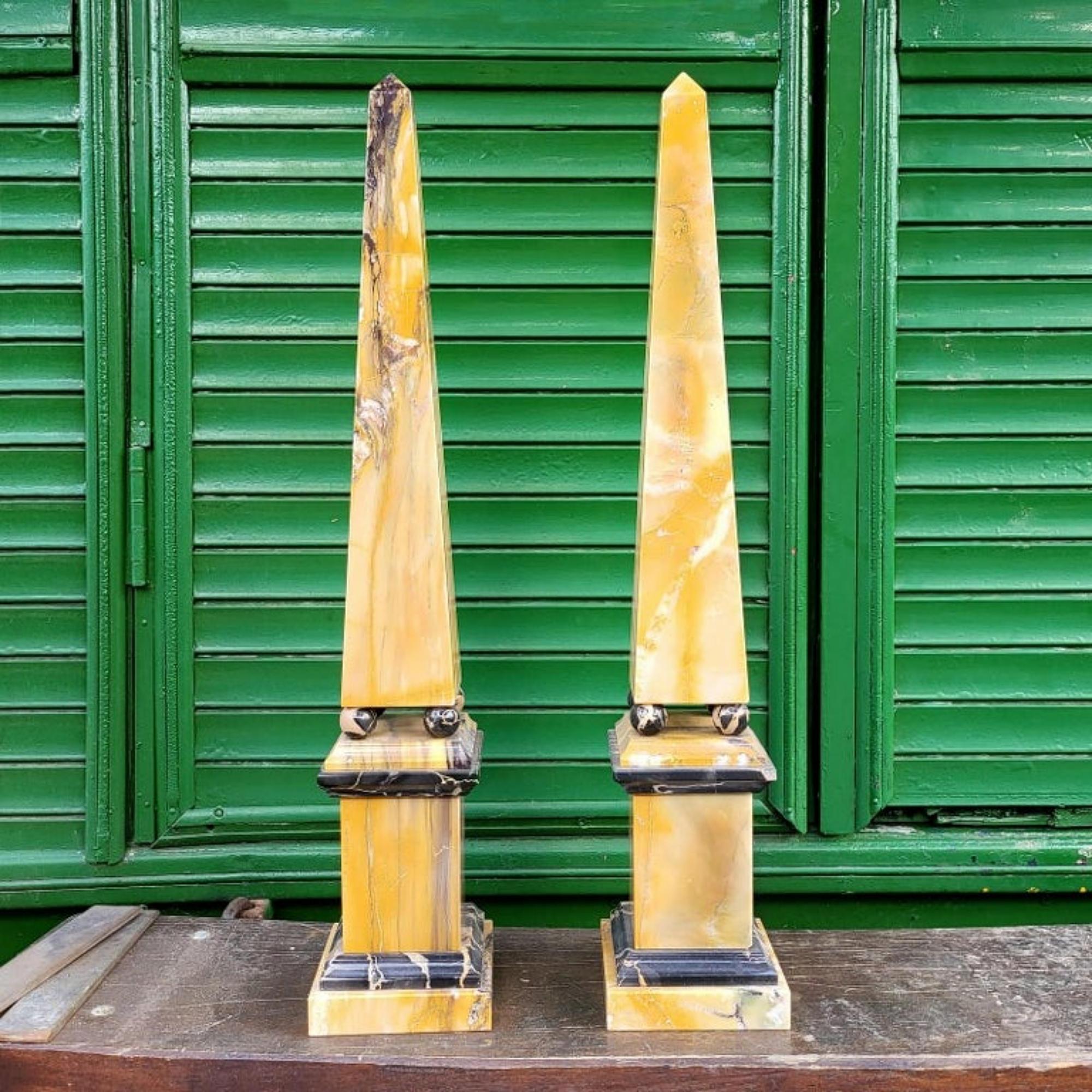 Modern Pair of Siena and Portoro Yellow Marble Italian Obelisks, Begin 20th Century For Sale