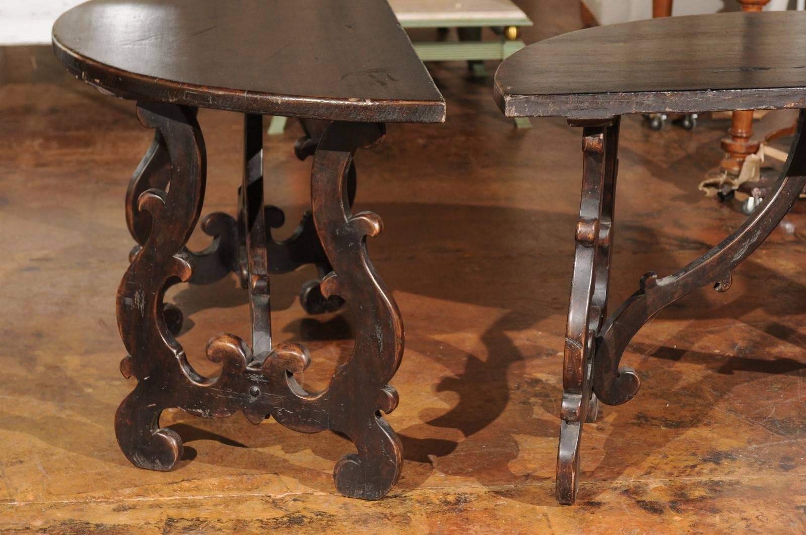 Pair of Sienese Baroque Style Demilune Tables with Lyre Shaped Legs, circa 1790 3